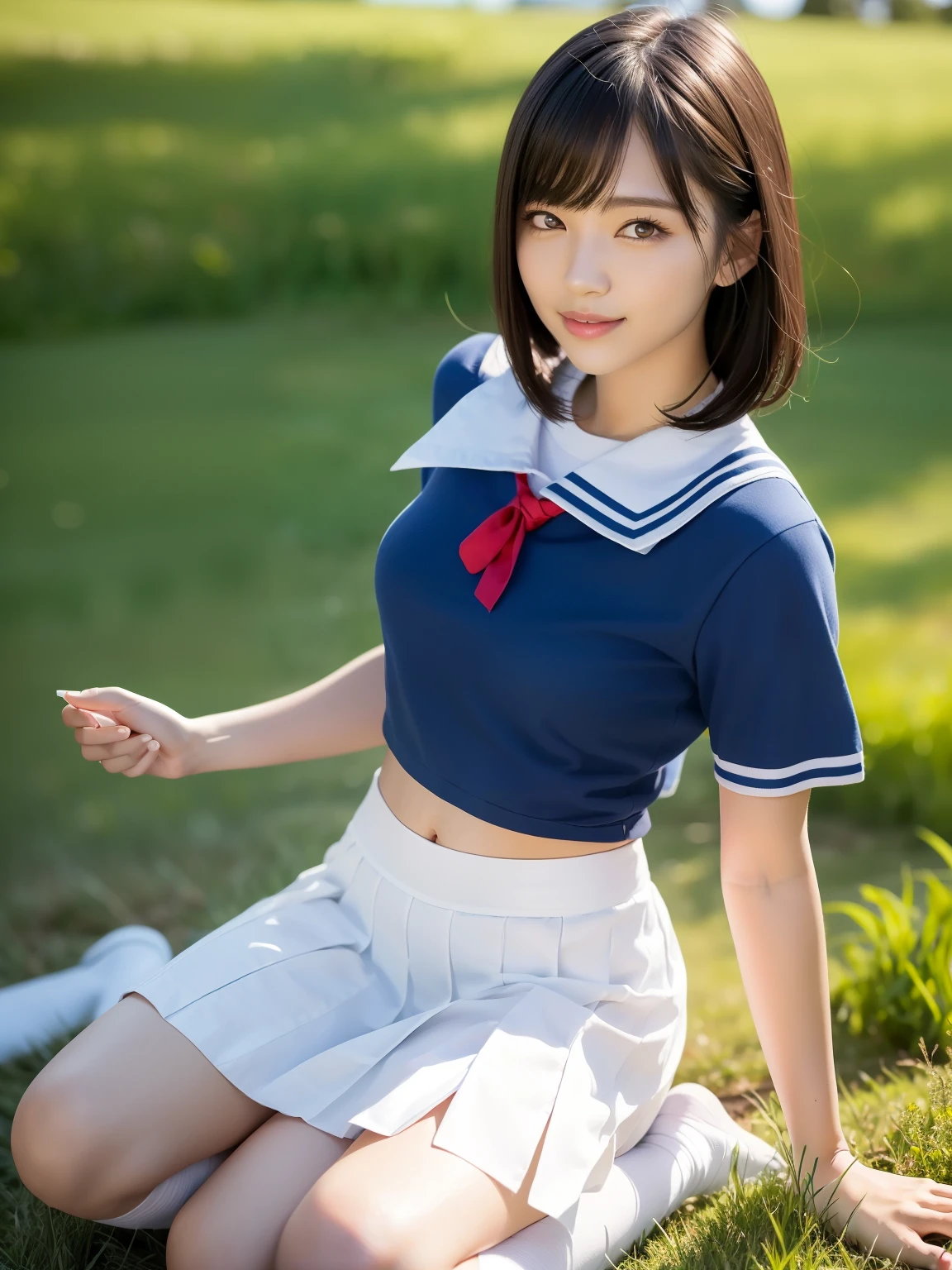 (highest quality:1.5)、(Realistic:1.5)、(1 person:1.5)、Very detailed、High resolution、8k、medium 、Natural color lips、Cute Smile、Japanese women、20-year-old girl、Beautiful and elegant face、Perfect and beautiful face、Balanced big eyes、Brunette eyes、Beautiful and elegant face、Natural double eyelids、Natural Bangs、Beautiful thin nose、Beautiful Skin、(Medium Bob Hair)、Natural Bangs、Perfect and beautiful face、Slim face and figure、Summer blue sky、Grass park on the mountain、Look at the viewers、School Sailor Uniform、White short-sleeved blouse shirt, navy pleated micro miniskirt,、Knee-high socks、Beautiful navel、Open the navel、臍が見えるSchool Sailor Uniformを着ている、High-angle composition、(Staring at the camera with a sweet smile)、Bright lighting、Professional Lighting、Forward lighting、Beautiful feet:1.2、Smootkin、Slim Body、Slim waistline、slim thin thighs、(Kneeling on the grass)、(Take a photo from slightly below)、Stand on one knee、Clover Grass、