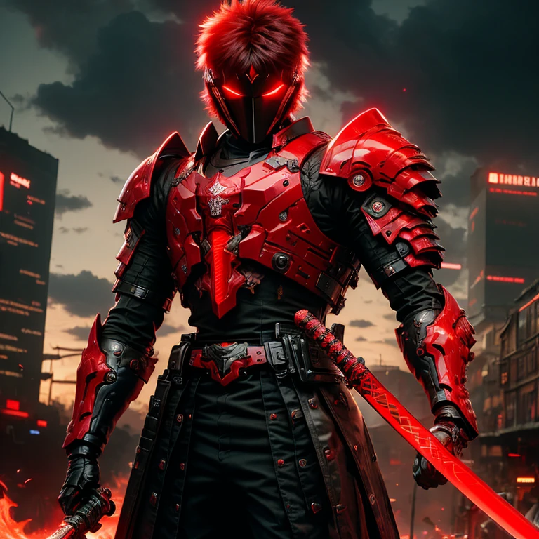 (masterpiece, best quality:1.2), a subject, A warrior in armour techno fantasy style, holy sword,(technological aggressive design), cyberpunk, 4K, UHD, (Photorealistic:1.4),Ultra high resolution, masterpiece, ultra realistic, ultra nitide, insane details, red and black color, (fire themed), ((face open discovery)), handling a red technofantasy decoured katana