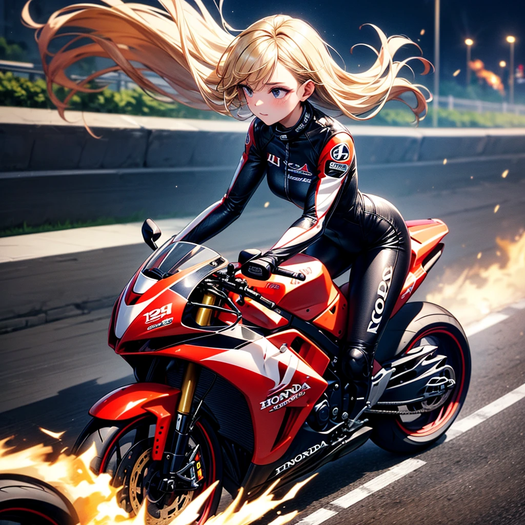 (masterpiece:1.5), (ultra-detailed), 8K, (High resolution), (best quality), (High quality), (depth of field), (perfect anatomy),
(speeding motorcycle), (in the circuit at high speed), (slow motion), (Motion blur:1.3), sense of speed,
1girl, full body, blonde hair, blowing hair in wind, leather suit, racing suit,
Sparks and smoke coming out of tires,
racing circuit, HONDA RCV211,