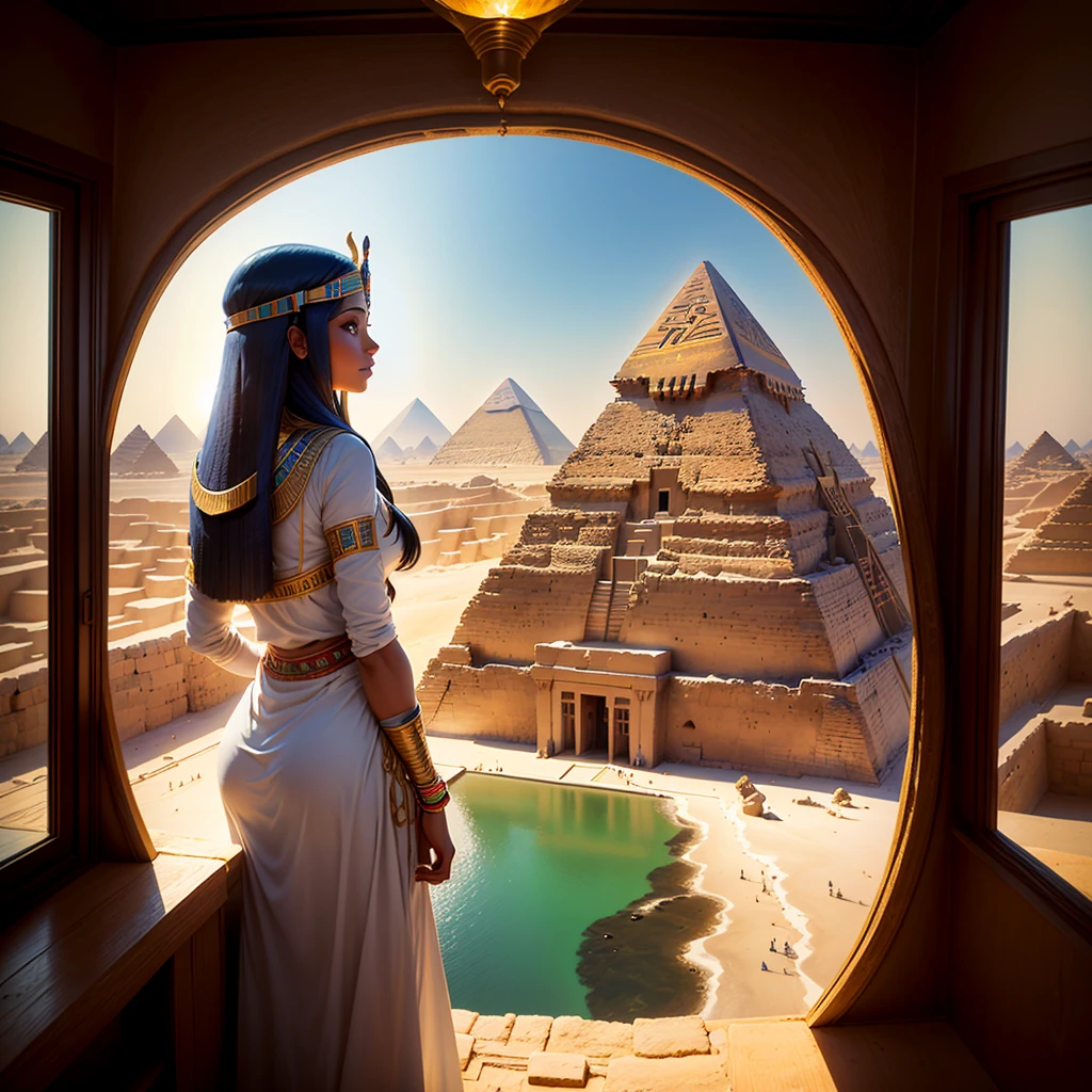 A beautiful Woman looks in amazement from inside the Pyramid (home) at the beautiful exterior landscape of Egypt. Ancient Egyptian civilization, wide shot, the Nile River, new pyramid, pyramid building, modern Egypt but 3500 BC The river extends to the horizon, epic feeling, sensation of greatness. View from inside, top of a pyramid (the highest).