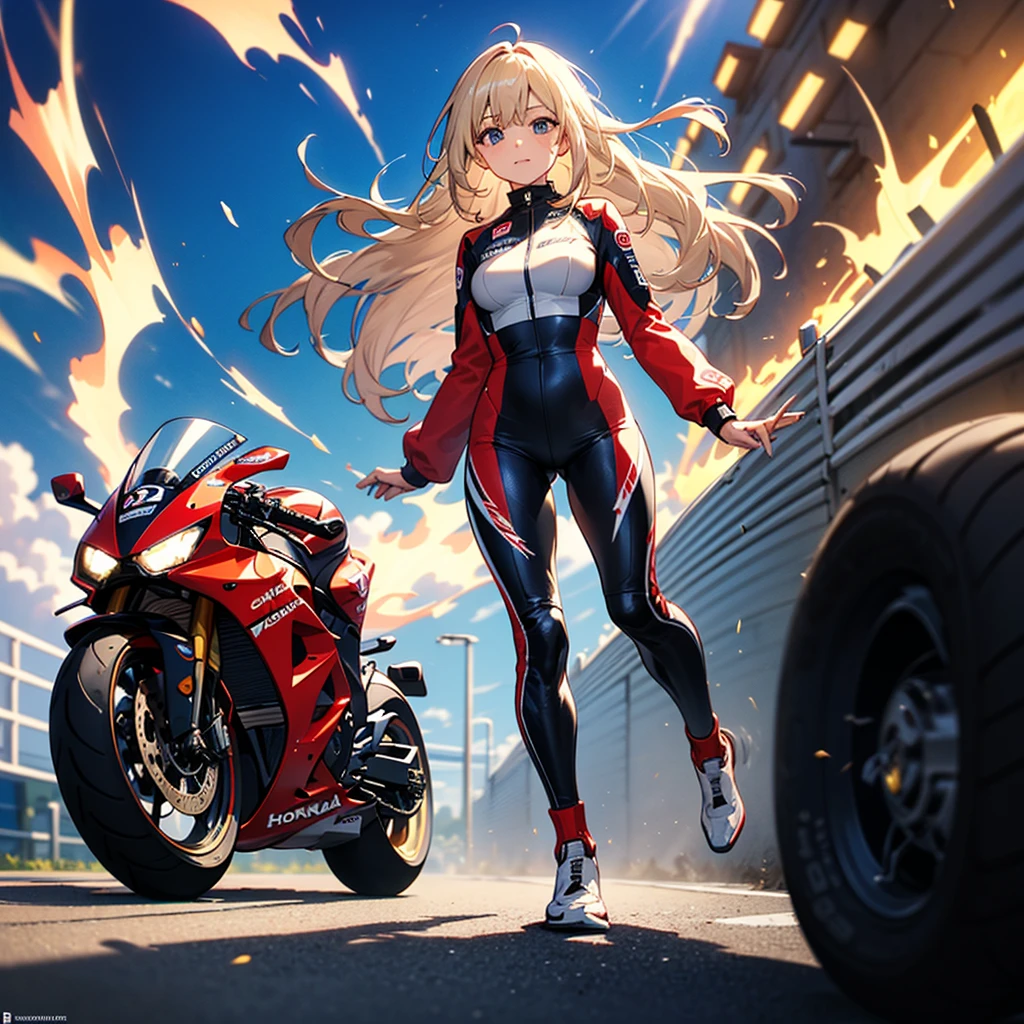 (masterpiece:1.5), (ultra-detailed), 8K, (High resolution), (best quality), (High quality), (depth of field), (perfect anatomy),
(speeding motorcycle), (in the circuit at high speed), (slow motion), (Motion blur:1.3), sense of speed,
1girl, full body, blonde hair, blowing hair in wind, leather suit, racing suit,
Sparks and smoke coming out of tires,
racing circuit, HONDA RCV211,
