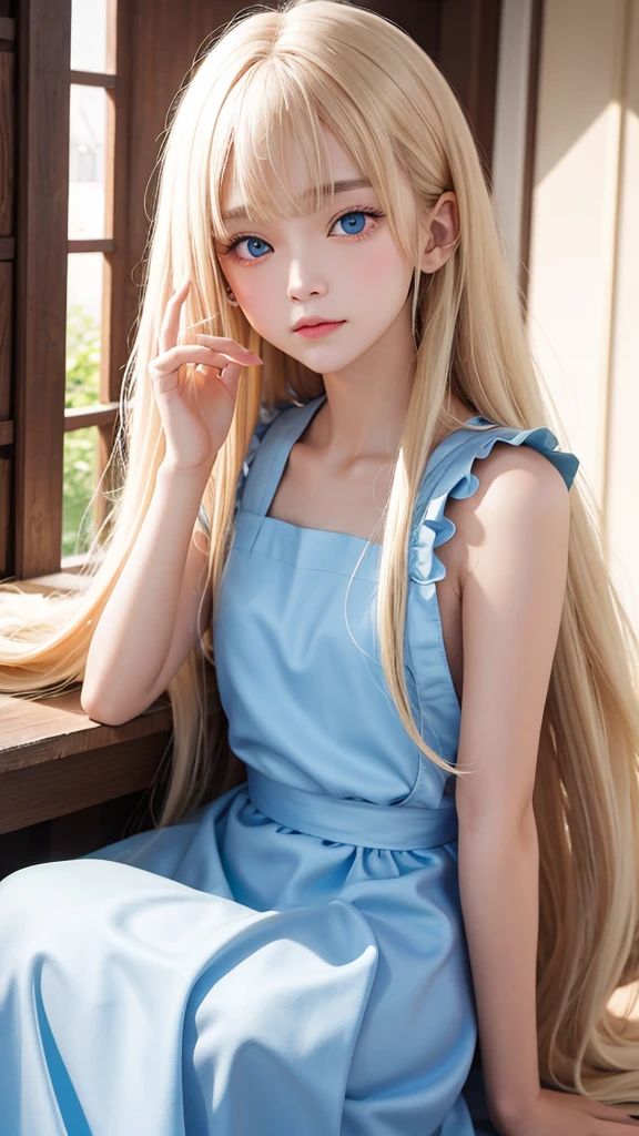 The Highest Quality、Ultra high Resolution、Photograph、Ultimate Beauty、Photo of a bright beautiful and cute beautiful girl、detailed Face、(PureErosface_V1:0.008)、Glossy white beautiful skin、Alice in Wonderland、13 years old、Beautiful bangs、Silky shiny platinum blonde super long straight hair、Beautiful light blue eyes that shine、white apron、blue dress、Leaning forward、