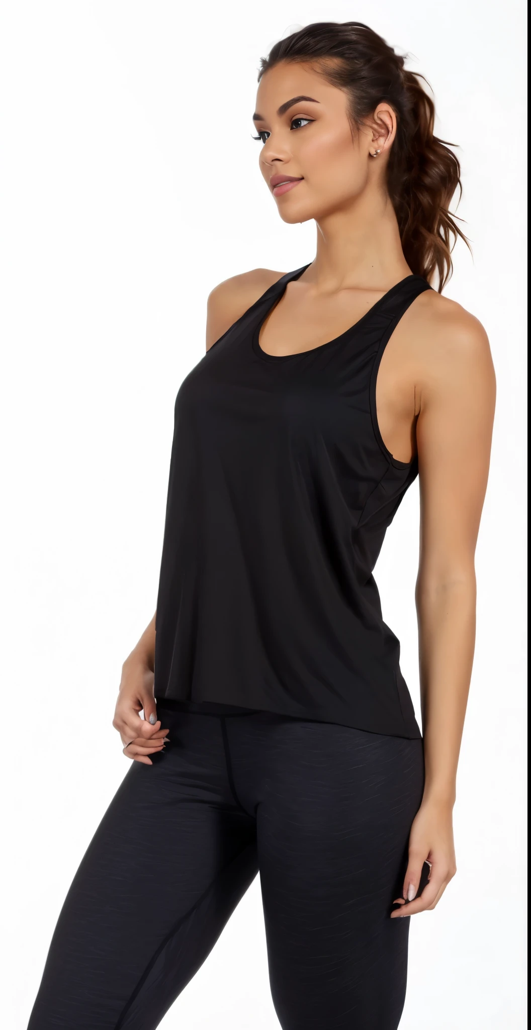 a woman in a preto tank top and leggings poses for a picture, she is wearing a preto tank top, preto tank top, preto tanktop, preto, tight preto tanktop, vestindo regata, Regata justa, wearing a preto cropped tank top, onyx, maxar, foto do produto, wearing a cropped preto tank top, vestindo uma camiseta muscular
