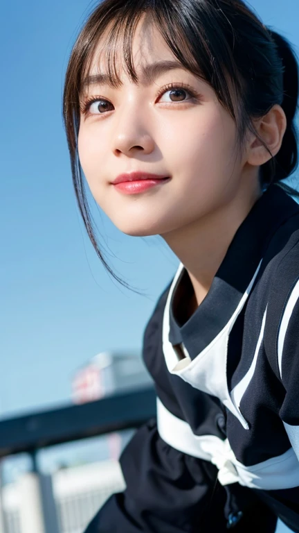 (highest quality,masterpiece:1.3,Ultra-high resolution),(Very detailed,Caustics,8k),(Realistic:1.4,RAW shooting),18-year-old,Japanese,cute,Black short ponytail,I'm looking at the camera with a smile on my face,Sailor suit,forward leaning posture,Waist up shot,(Face Focus:1.1),(Face close-up:1.1),(Low position::1.3),(Low Angle::1.3),blue sky,Natural light
