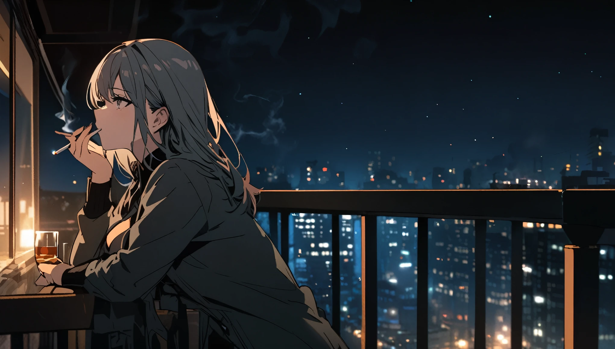 Girl on the balcony, Smoke a cigarette, night