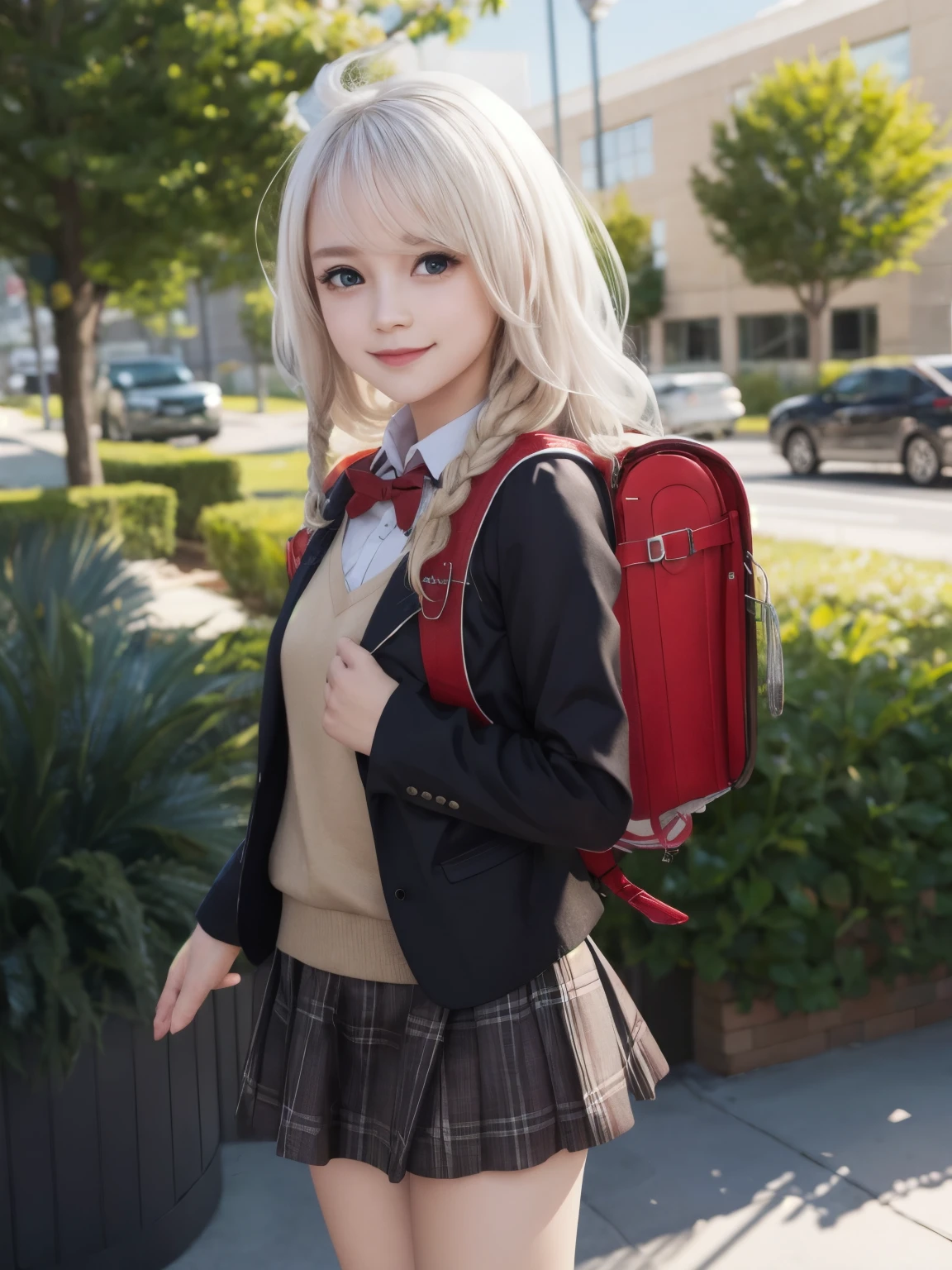 (masterpiece, best quality:1.0), realistic, highly detailed,  detail,  1girl , highschool student, white hair, long hair, braided hair, ahoge, purple eyes, UNiform, red bowtie, collared shirt, sweater vest, blazer, black blazer, opened jacket, long sleeves, plaid skirt, brown skirt, outdoor,  smile,  standing, cowboy shot, wearing school backpack, (red backpack:1.2)