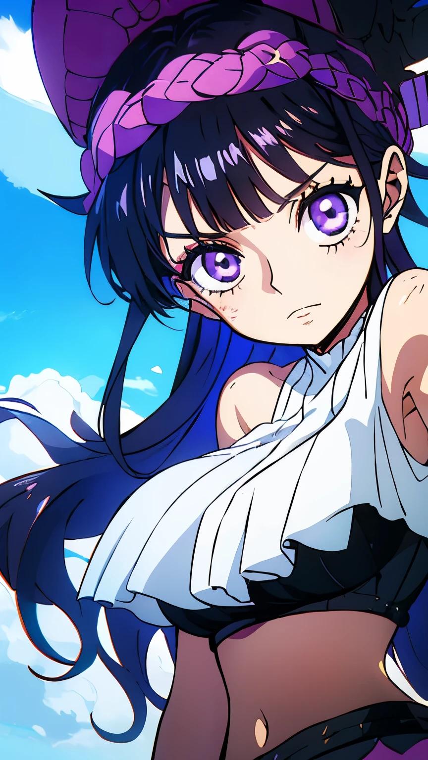 A young girl, long black wavy hair with purple highlights, Galactic purple eyes, bangs, light skin ,Correct eyes and long eyelashes, Top without stain and shorts ,36dd breasts , Upper body view ,8k quality One piece style,Ocean and ship view