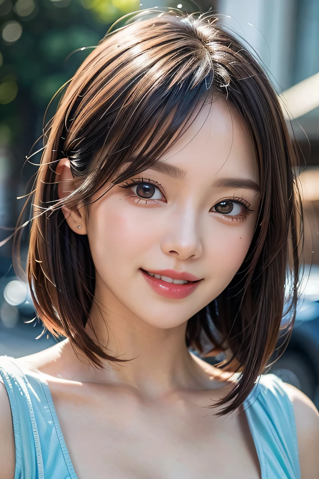 (8k, RAW Photos, highest quality, masterpiece, Realistic, Realistic), (1 female), (The ultimate beautiful middle-aged woman), Highly detailed face, (Perfect Teeth), Beautiful Eyes, double eyelid, eyelash, smile, Lip details, (Neat brunette bob), The light shines on your face, Big Breasts, ((Colorful mini dresses)), (front view), (background: none),  Background blur