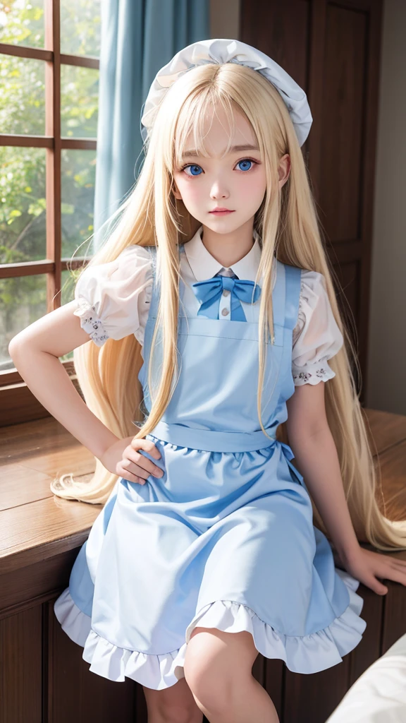 The Highest Quality、Ultra high Resolution、Photograph、Ultimate Beauty、Photo of a bright beautiful and cute beautiful girl、detailed Face、(PureErosface_V1:0.008)、Glossy white beautiful skin、Alice in Wonderland、13 years old、Beautiful bangs、Silky shiny platinum blonde super long straight hair、Beautiful light blue eyes that shine、white apron、blue dress、Leaning forward、Mid-chest、Looked