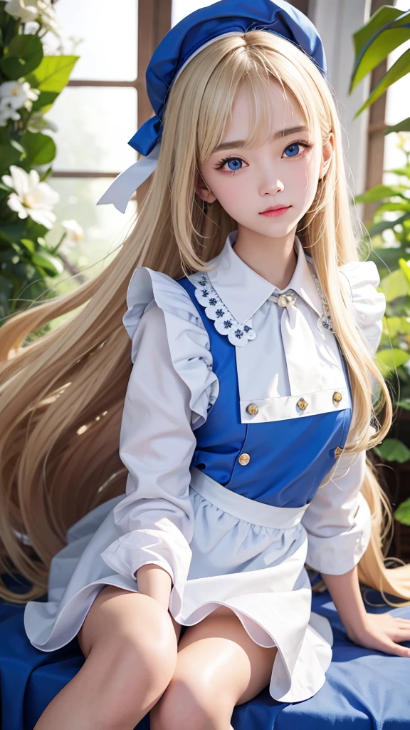 The Highest Quality、Ultra high Resolution、Photograph、Ultimate Beauty、Photo of a bright beautiful and cute beautiful girl、detailed Face、(PureErosface_V1:0.008)、Glossy white beautiful skin、Alice in Wonderland、、Beautiful bangs、Silky shiny platinum blonde super long straight hair、Beautiful light blue eyes that shine、white apron、blue dress、Leaning forward、Mid-chest、Looked