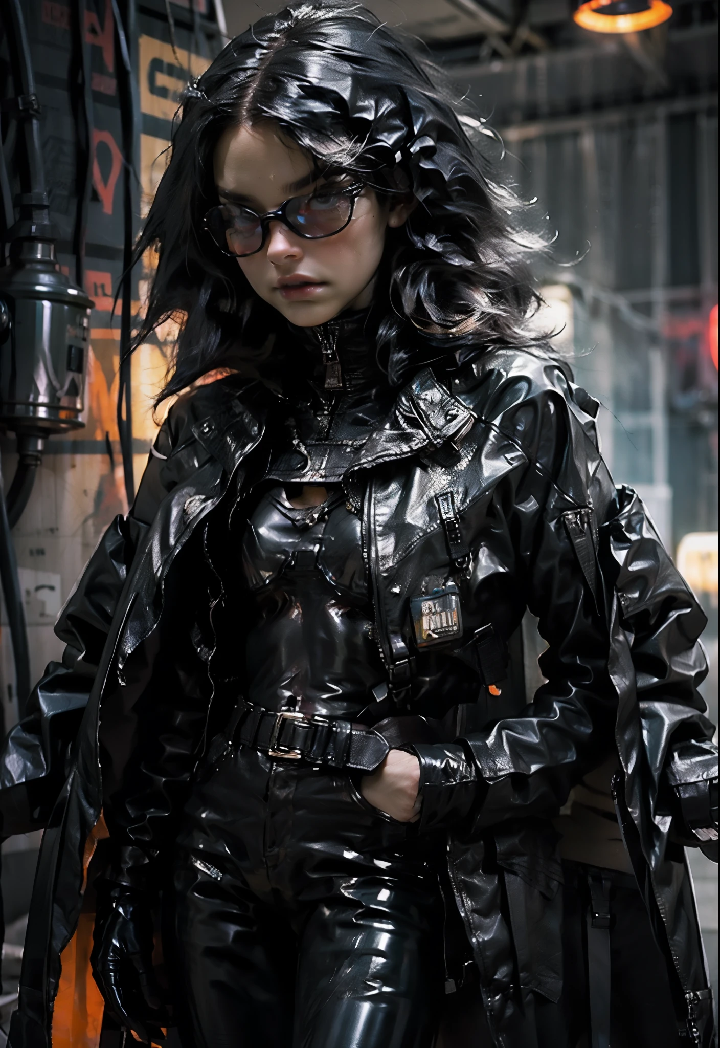 there is a woman in a black latex outfit holding a knife, latex suit and raincoat, wearing black latex outfit, black latex, latex shiny, wearing latex, glossy and drippy, black latex suit, wrapped in black tentacles, latex domme, wearing atsuko kudo latex outfit, cyberpunk glossy latex suit, wrapped in black, wearing a black catsuit