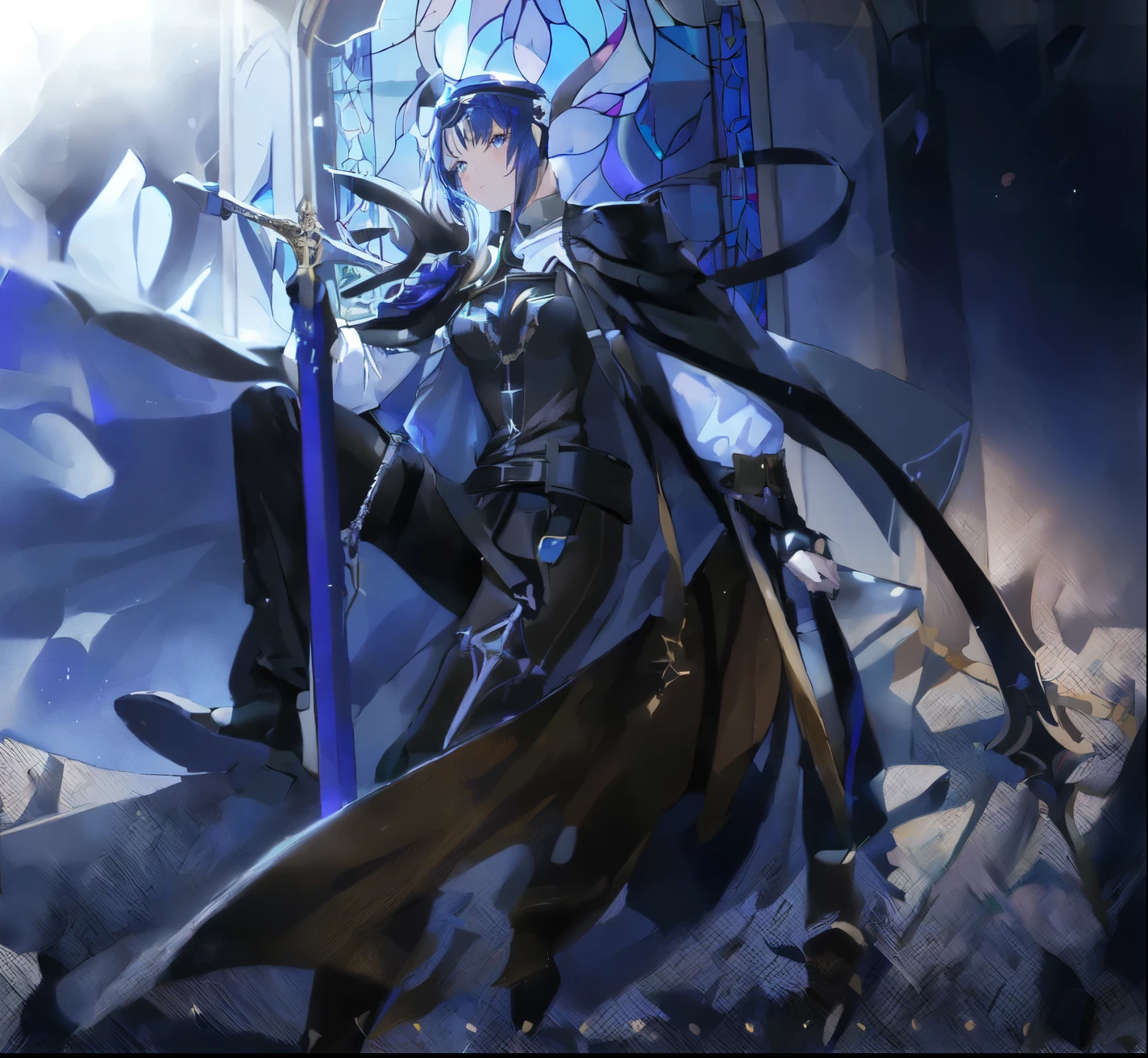 (((1 girl))),Cartoon character holding a sword in front of a stained glass window,Dressed in monk&#39;s clothing,Anime Goddess,nun, Key Anime Art, detailed Key Anime Art, best anime 4k konachan wallpapers, Zero Art,  From Arknights, Anime Key Visual Concept Art, 4k anime wallpaper