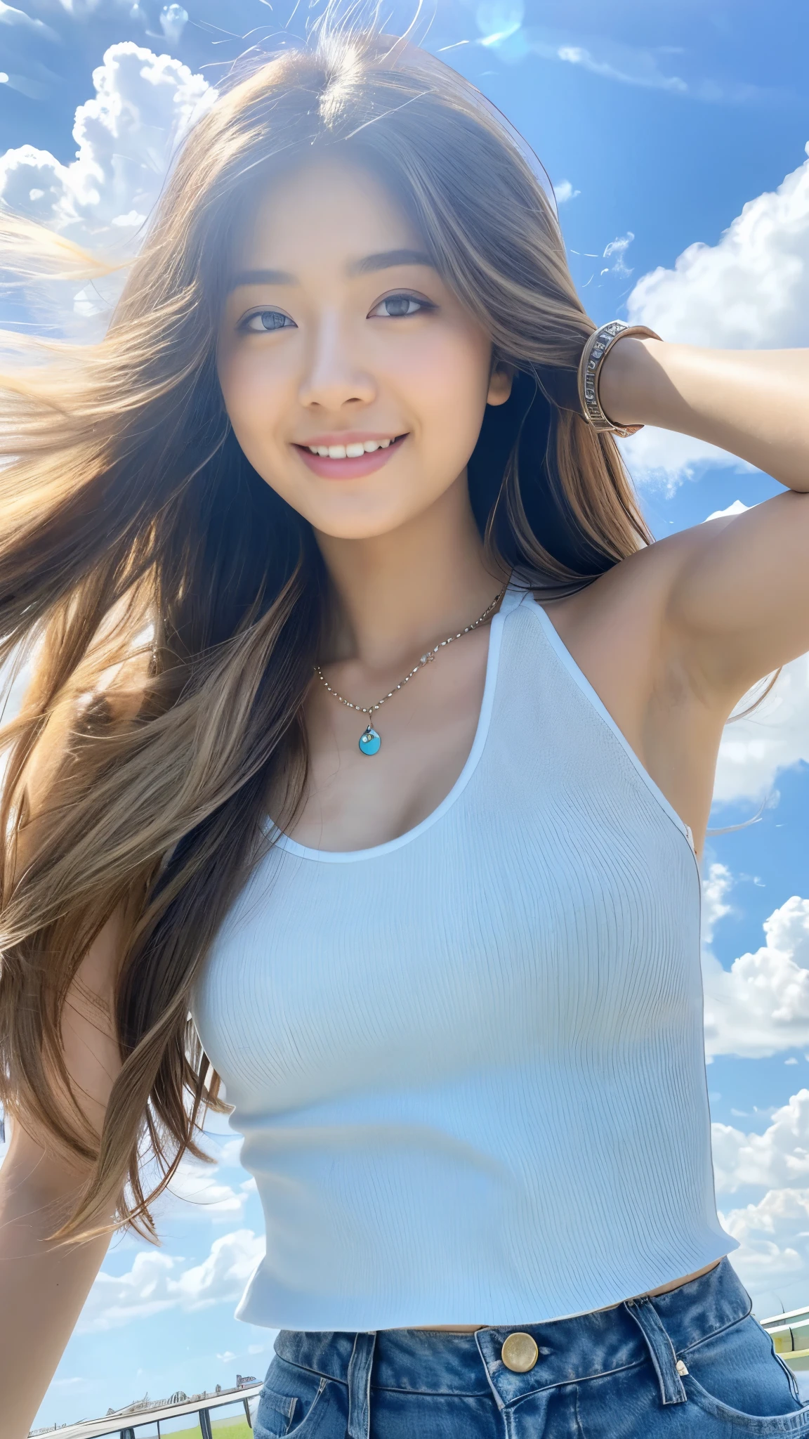 21-year-old Japan woman、Perfect body beauty、Long length layered haircut、 (Highlighted Hair), Highly detailed face and skin texture, White skin, whole body, Look at me and smile gently、the wind is strong、blue sky, Crushing the Clouds, Tank top、pants、necklace、bracelet、high resolution、High resolution、Realistic