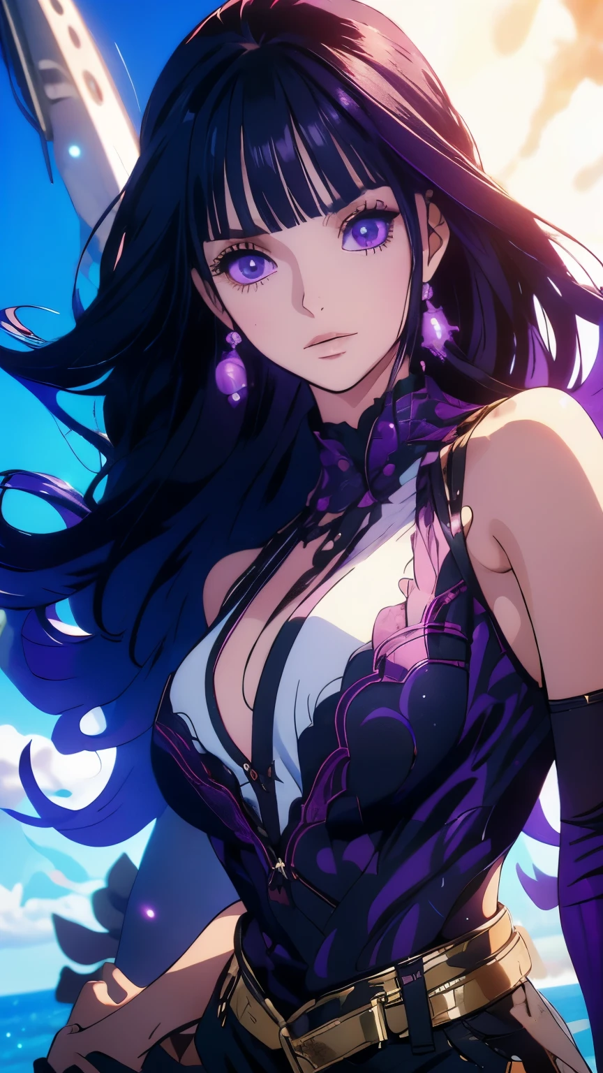 A young girl, long black wavy hair with purple highlights, Galactic purple eyes, bangs, light skin ,Correct eyes and long eyelashes, Top without stain and shorts ,36dd breasts , Upper body view ,8k quality One piece style,Ocean and ship view