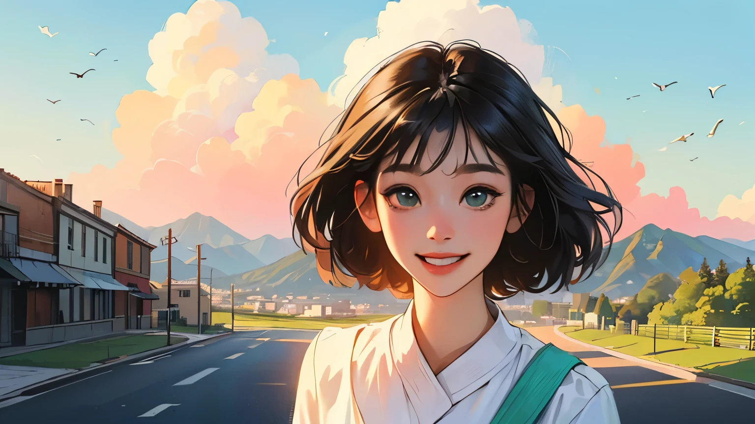 ((masterpiece)),(((bestquality))),((ultra-detailed)) realisticlying, 1 girl, Beautiful, black hair, happy, The sky morning, looking to viewer, soft green, city, road, mountain. sky blue.