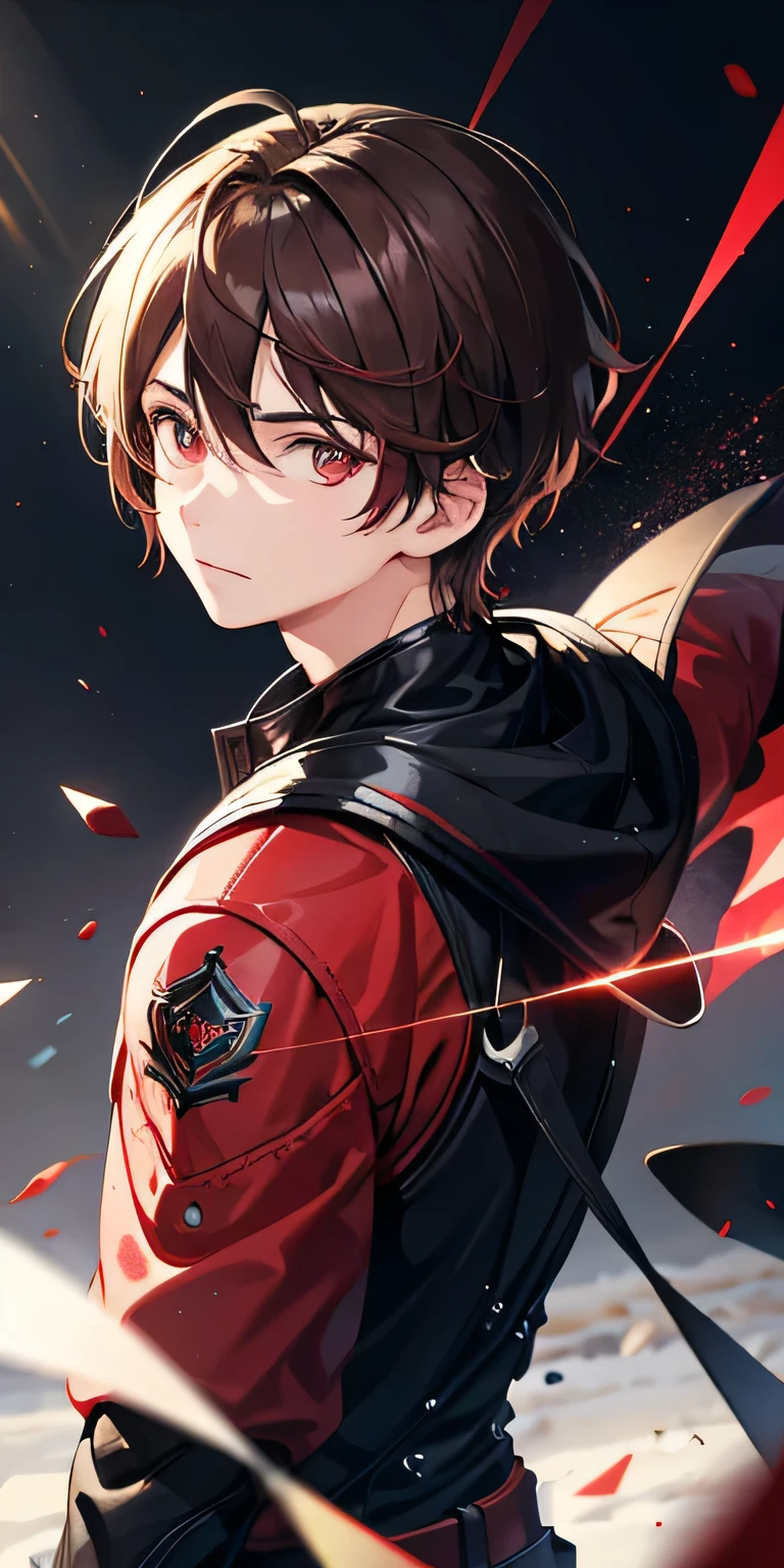 One boy,Brunette color hair,Red eyes,,Particles of light,
