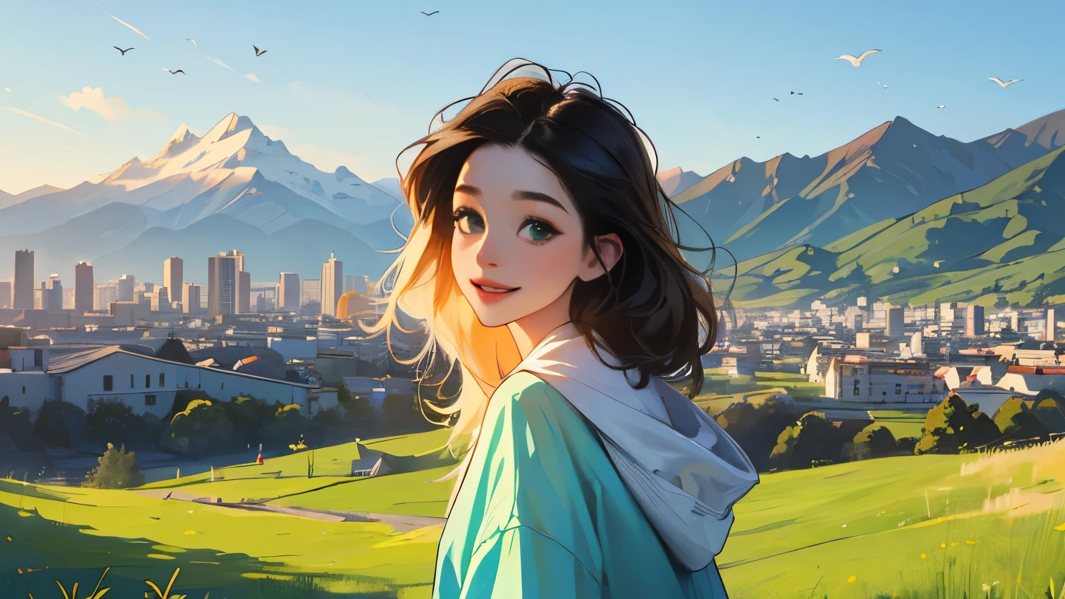 ((masterpiece)),(((bestquality))),((ultra-detailed)) realisticlying, 1 girl, Beautiful, black hair, happy, The sky morning, looking to viewer, soft green, city, gress, mountain. sky blue.