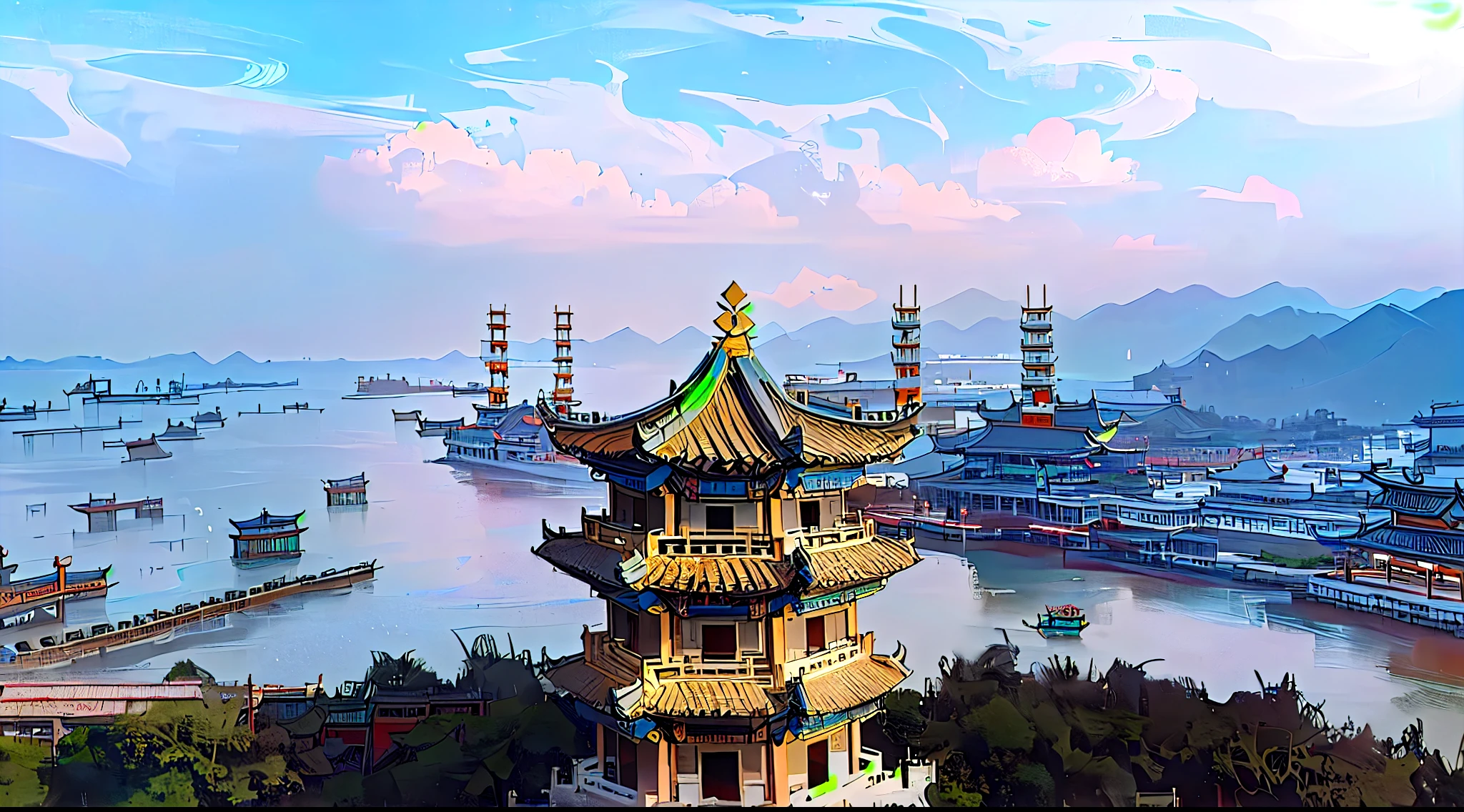 Arafeta,There is a clock on the top,Overlooking a stretch of water, Guangjian, ancient Chinese Architecture, Queen of the Sea Mu Yanling, Chinese Architecture, Ancient Chinese Tower, drone shot, Nanhai Guanyin, Dreamy China, Chinese Architecture, nice images, nanquan, Shot from a drone