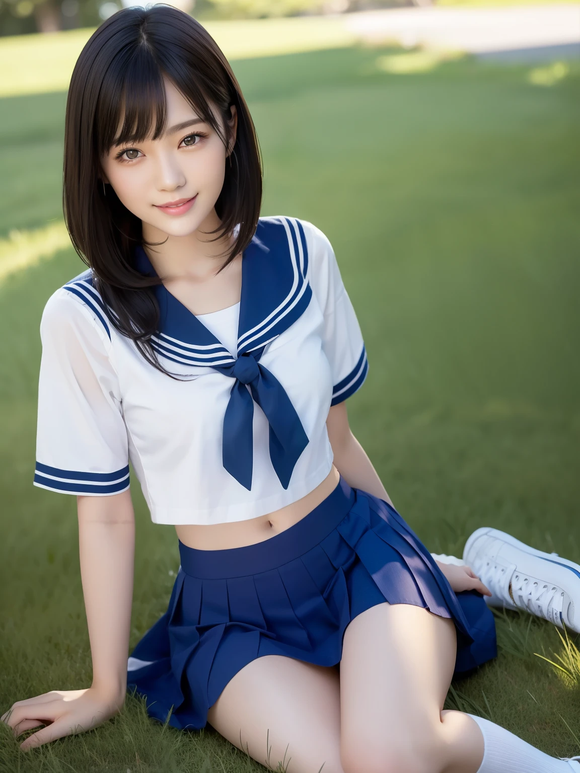 (highest quality:1.5)、(Realistic:1.5)、(1 person:1.5)、Very detailed、High resolution、8k、medium breasts、Natural color lips、Cute Smile、Japanese women、20-year-old girl、Beautiful and elegant face、Perfect and beautiful face、Balanced big eyes、Brunette eyes、Beautiful and elegant face、Natural double eyelids、Natural Bangs、Beautiful thin nose、Beautiful Skin、(Medium Bob Hair)、Natural Bangs、Perfect and beautiful face、Slim face and figure、Summer blue sky、Grass park on the mountain、Look at the viewers、School Sailor Uniform、White short-sleeved blouse shirt, navy pleated micro miniskirt,、Knee-high socks、Beautiful navel、Open the navel、臍が見えるSchool Sailor Uniformを着ている、High-angle composition、(Staring at the camera with a sweet smile)、Bright lighting、Professional Lighting、Forward lighting、Beautiful feet:1.2、Smooth Skin、Slim Body、Slim waistline、slim thin thighs、Sit on the grass、Cleavage、