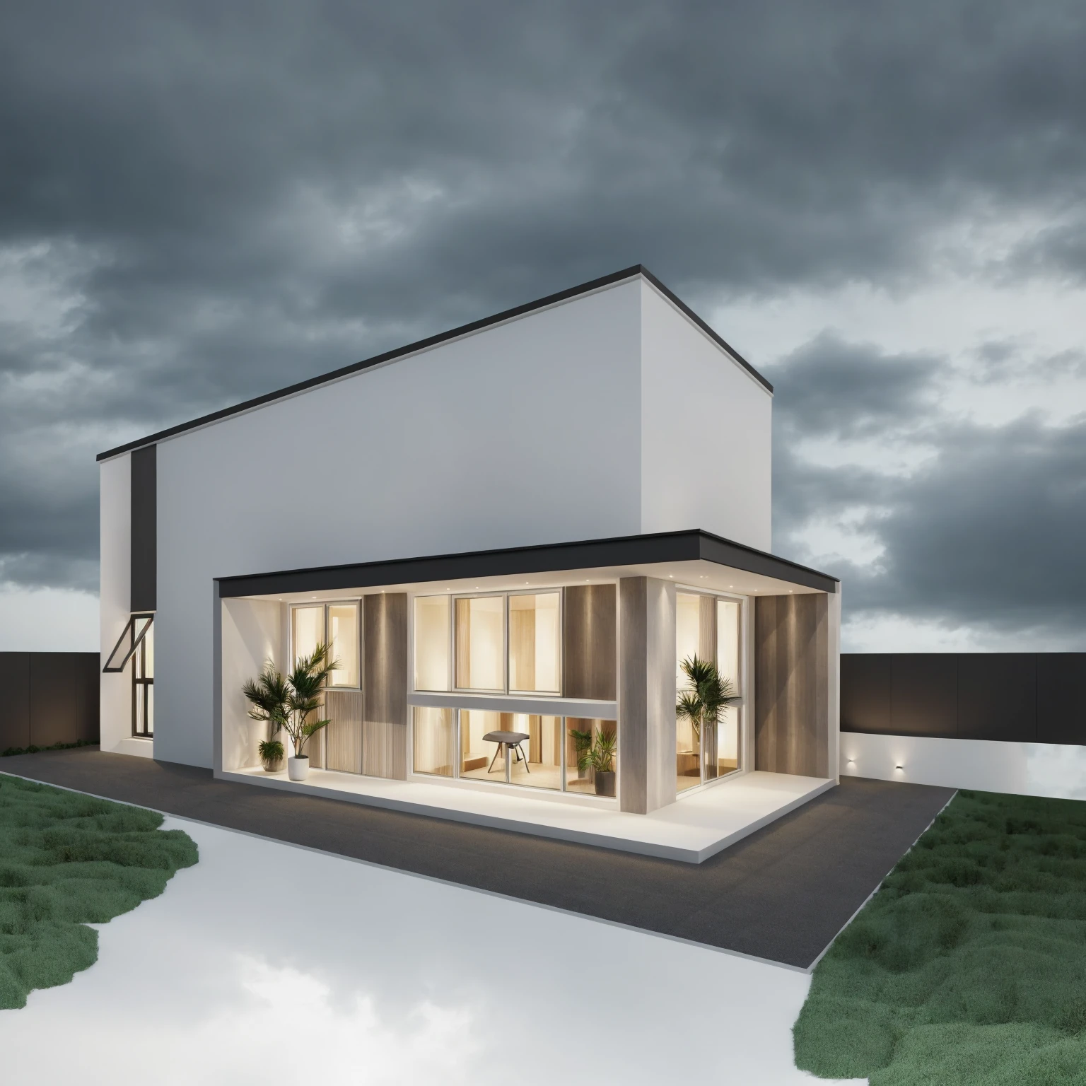 ((1 morden house like egg format)), main material by ((white wall)), 1large yard, 1 road runs in front of the house, (((VERTICAL WALLs was covered by white color))), (RAW photo, real, best quality, masterpiece:1.2), look morden minimalist, 1 road in front of the house, dynamic lighting:1.3, (hyper realistic, photo-realistic:1.2), high quality, (dark lighting:1.2), perfect lighting, archdaily, no human