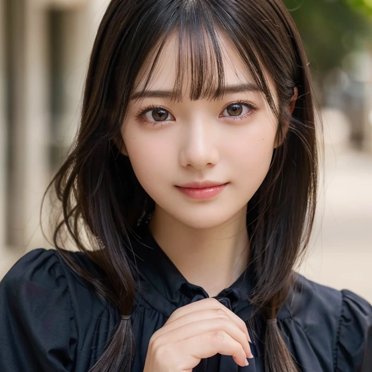 (8k, RAW Photos, highest quality, masterpiece:1.2), Super detailed, Ultra-high resolution, (Realistic, photo Realistic:1.37), High-definition RAW color photos, Professional photos, Very delicate and beautiful, Very detailed, 8k wallpaper, wonderful, In detail, Large file size, Very detailed CG unity 8k wallpaper, Very detailed beautiful girl, Very detailed face, Very detailed eyes, Very detailed skin, Very detailed fingers, Very detailed nose, Very detailed mouth, Perfect ???????, Very detailedな背景, Very detailed clothing, One girl, (18-year-old:1.2), Teen, cute girl, Famous Japanese Idols, cute, (Small breasts:1.2), Realistic body, , Fair skin, Shiny skin, Slender body, Good figure, Black Hair, Straight long hair, (Blunt bangs:1.2), smile, cute, young, cute face, Baby Face, Realistic face, Beautiful and detailed eyes, Droopy eyes, Beautiful big eyes, (smock blouse:1.2), View your viewers,