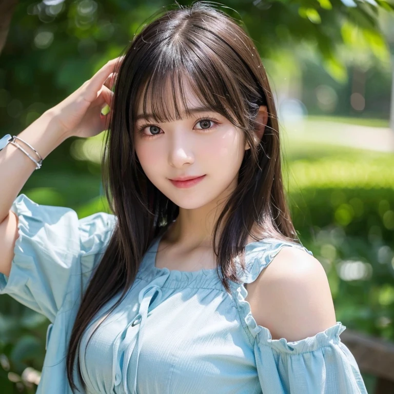 (8k, RAW Photos, highest quality, masterpiece:1.2), Super detailed, Ultra-high resolution, (Realistic, photo Realistic:1.37), High-definition RAW color photos, Professional photos, Very delicate and beautiful, Very detailed, 8k wallpaper, wonderful, In detail, Large file size, Very detailed CG unity 8k wallpaper, Very detailed beautiful girl, Very detailed face, Very detailed eyes, Very detailed skin, Very detailed fingers, Very detailed nose, Very detailed mouth, Perfect Anatomy, Very detailedな背景, Very detailed clothing, One girl, (18-year-old:1.2), , cute girl, Famous Japanese Idols, cute, (Small breasts:1.2), Realistic body, , Fair skin, Shiny skin, Slender body, Good figure, Black Hair, Straight long hair, (Blunt bangs:1.2), smile, cute, young, cute face, Baby Face, Realistic face, Beautiful and detailed eyes, Droopy eyes, Beautiful big eyes, (smock blouse:1.2), View your viewers,