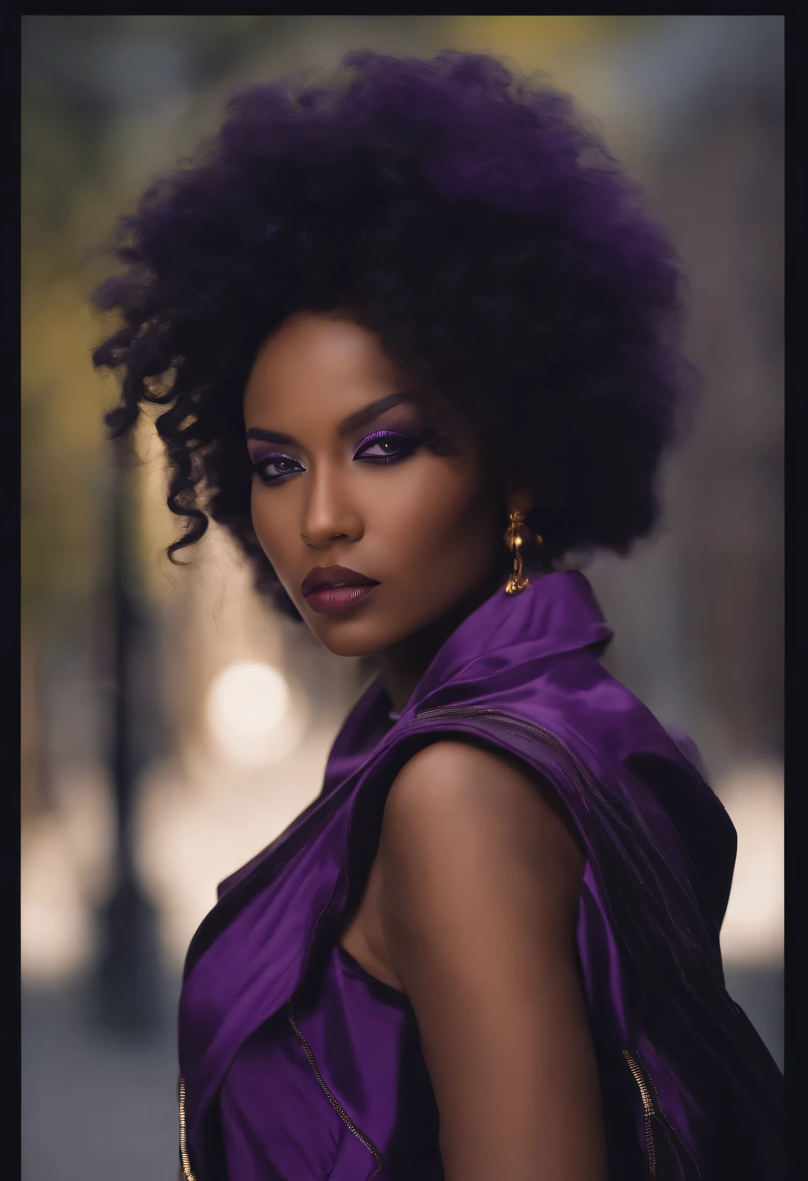 A dark-skinned, purple-haired young woman with the power of sound waves, Longue coiffure punk, veste noire, Grandir, Presque adulte, Echiro Oda's Art Style, One-piece style, Regard intense, intimidadora, Yeux violets et s