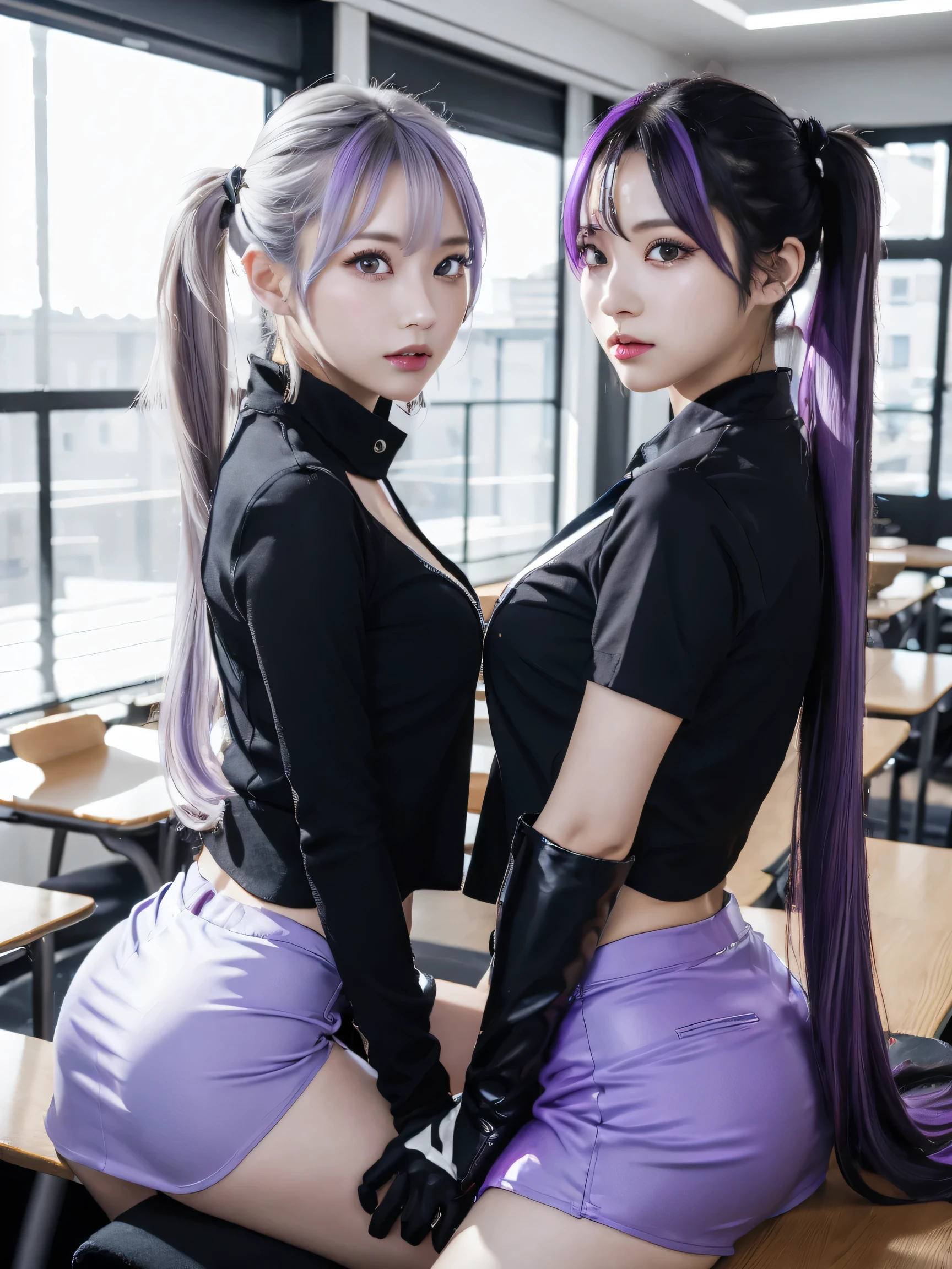 ((female couple: 1.3)), Masterpiece, Top Quality, Ultra HD, Colorful, Flat Color, Depth of Field, Lens Flare 1 Girl, Sitting, Black Hair, Viewer, School, Classroom, Pleated Miniskirt, Undressing, Seravuku, Black Pantyhose, Fine Touches, Detailed fabric texture, beautiful face in every detail, 30-year-old beauty, adult atmosphere, exposure, (KPOP idol), (long twintails), (light purple hair): 1), ((big eyes)), staring, BREAK ((Upper body: 1.3)), Front view, long flowing silver hair, slender physique, black and white costume, character wearing thigh-high boots and gloves.