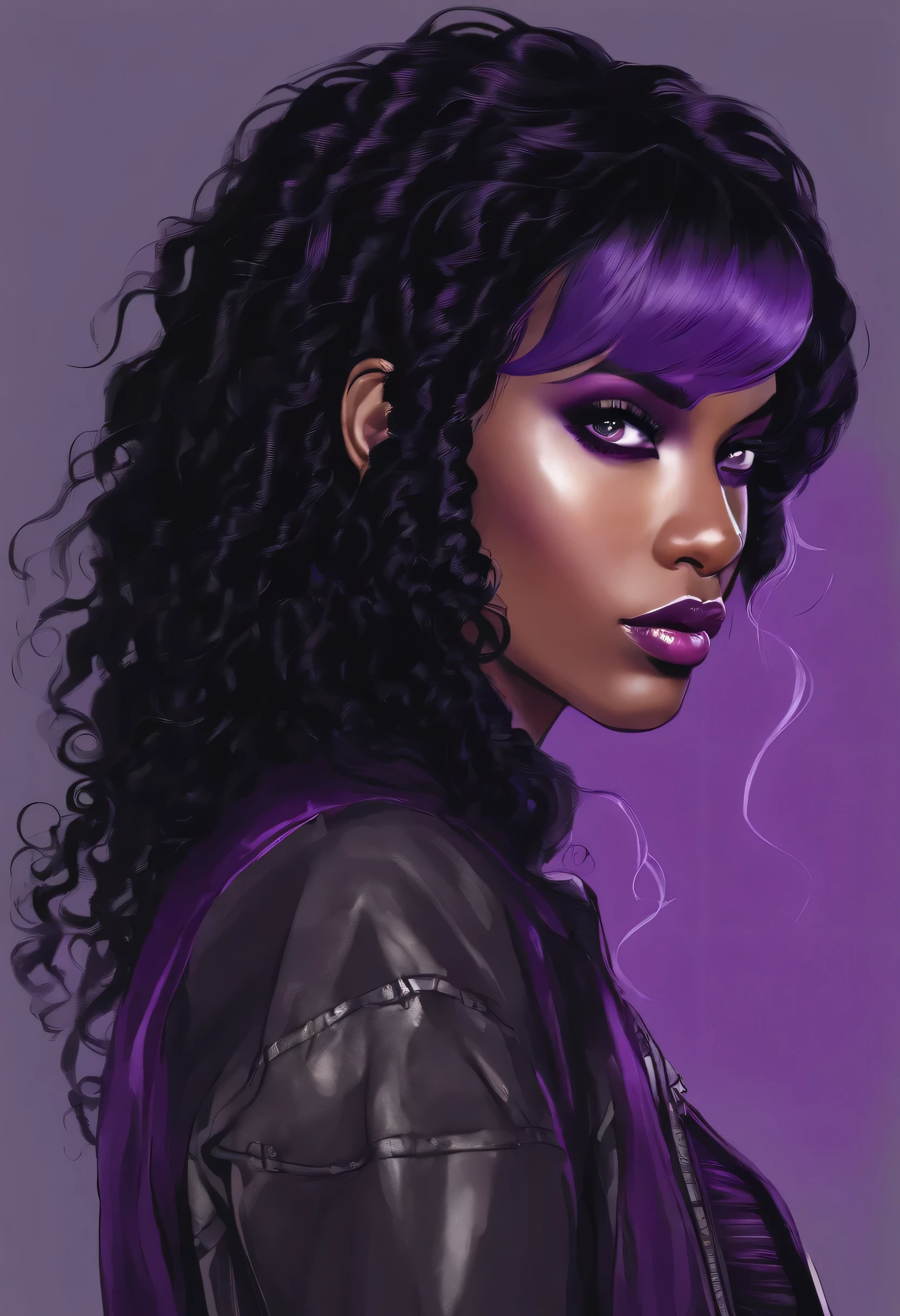 A dark-skinned, purple-haired young woman with the power of sound waves, Longue coiffure punk, veste noire, Grandir, Presque adulte, Echiro Oda's Art Style, One-piece style, Regard intense, intimidadora, Yeux violets et s