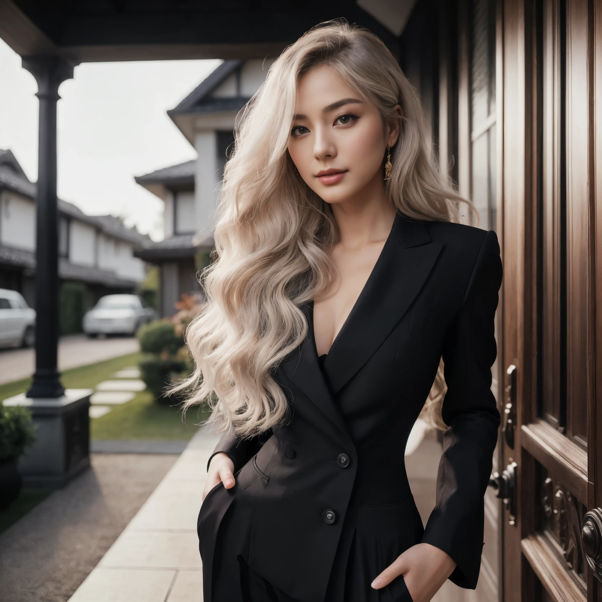 cinematic professional photography, masterpiece, full body, a beautiful Japanese woman model with natural makeup, white long wavy flowing hair, ideal body, a slight mysterious smile, wearing a black intelligence suit with long trousers, posing attractively, at the backdoor of a luxury house, with dramatic lighting, bright colors, depth of field, resembling Sony 7000D, high definition