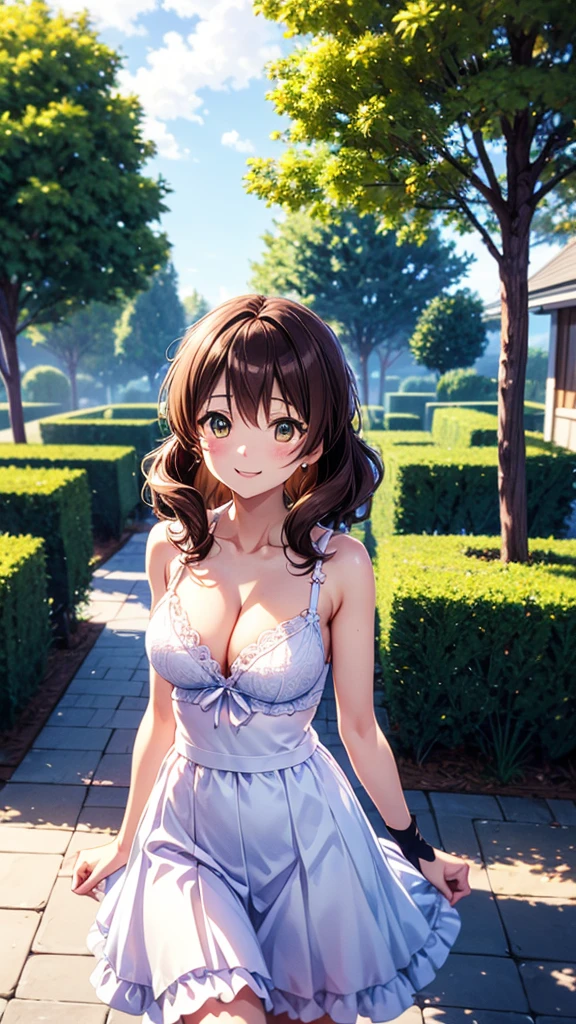 High resolution, highest quality, super high quality,3D Images、Kumiko、3D Images、beautiful flower々満開のgarden、Brown Hair、Wavy Hair、Very detailedな CG Unity 8k 壁紙, [3D Images:1.15],Attractive eyes、[[Detailed eyes、Colorful eyes、Shining Eyes:1.15]], , Very detailed,Thin fingers、Front view、Cinema Lighting、Yellow before＿Kumiko、、Absolute References、 garden、Wedding Lingerie、Arm-length wedding gloves、open-chested white dresouth closed、Cute Smile、Long skirt、Cowboy Shot、Cleavage