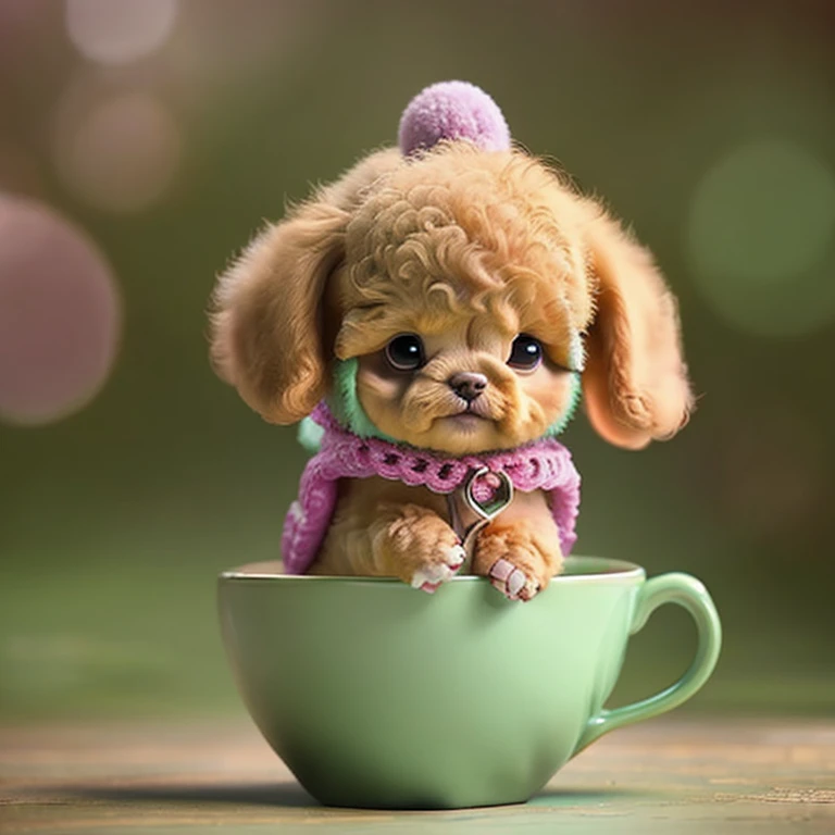Toy poodle in a teacup, Cute Anime, Full body brown