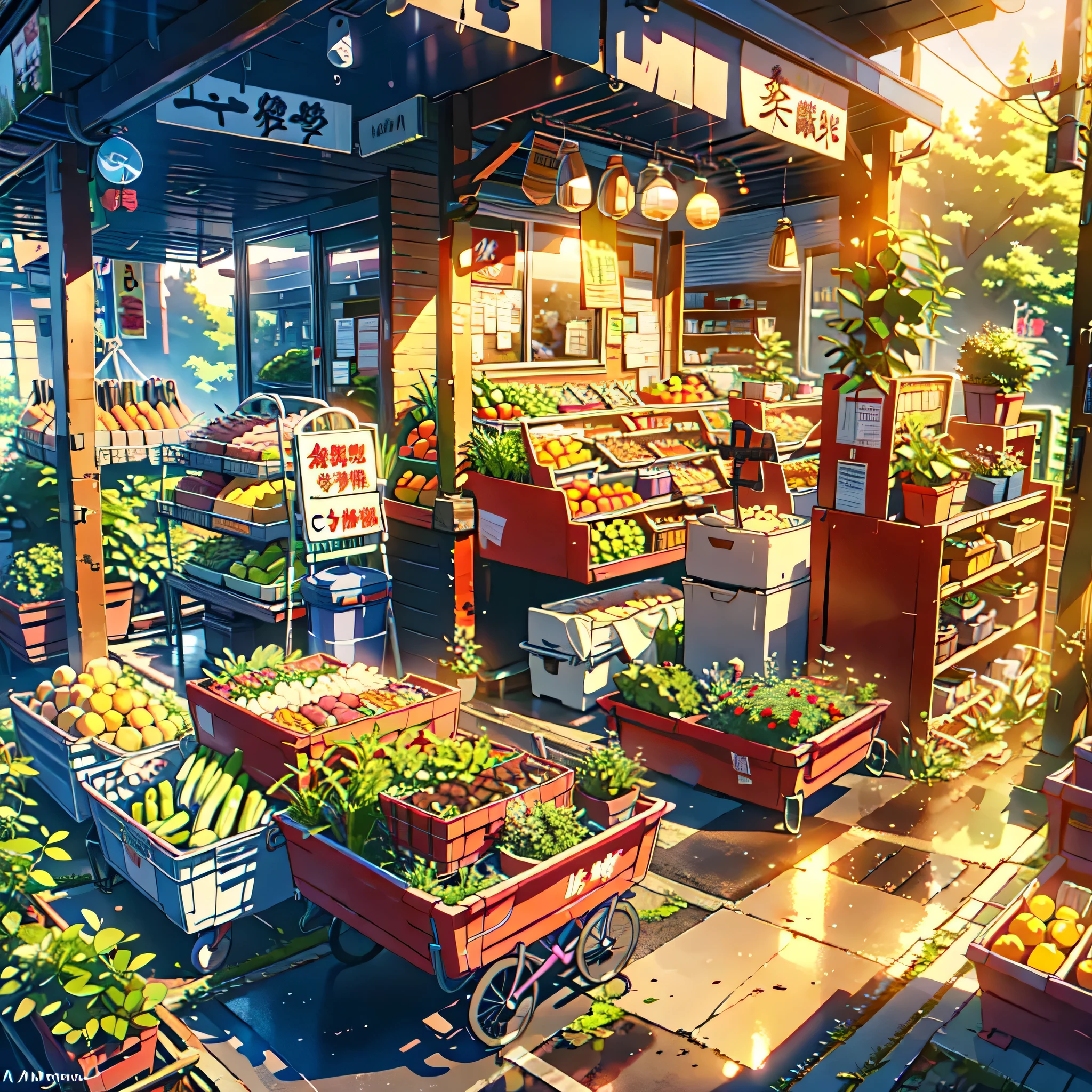 plants,trees, rainy season,cycle parked out of the shop, vegetables shop, High quality,good perspective, morning environment, morning sunshine, anime style, wallpaper, high details, detailed, cinematic lights , artstation, multicolour, Japan .