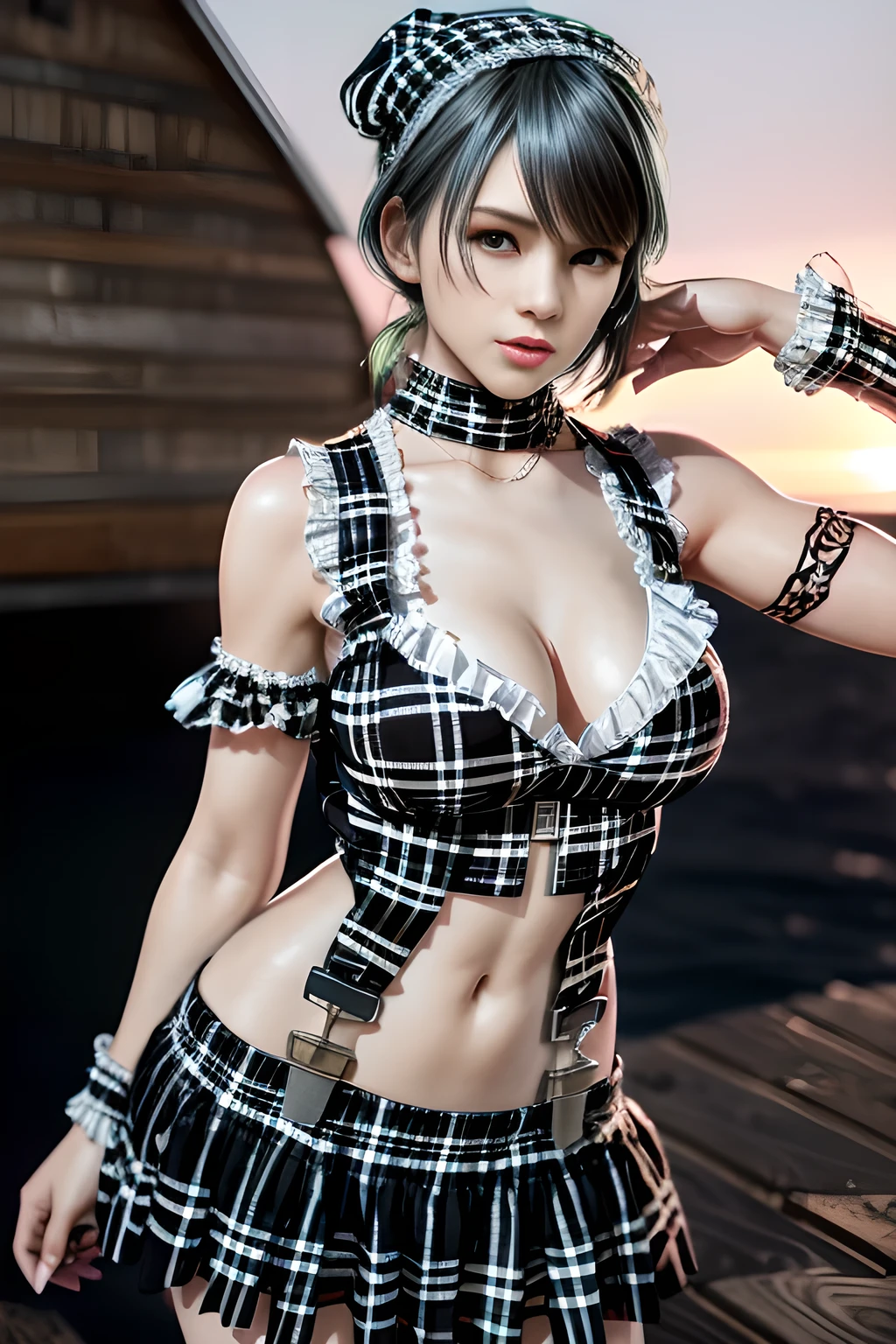 1girl, BREAK (black and white theme:1.4),  (sleeveless black and white [plaid pattern] sundress:1.4), (bare shoulders:1.3), (suspenders with frills:1.2), (tiered skirt with ruffles:1.3), (knit arm warmers:1.3),  , appealing cleavage,( beautiful tattoo:1.2), overhead view, beautiful detailed eyes, beautiful detailed lips, extremely detailed eyes and face, long eyelashes, feminine charm, detailed texture, snug fit, fashionable, soft fabric, radiant skin, (best quality,4k,8k,highres,masterpiece:1.2), ultra-detailed, (realistic,photorealistic,photo-realistic:1.37), tamaki