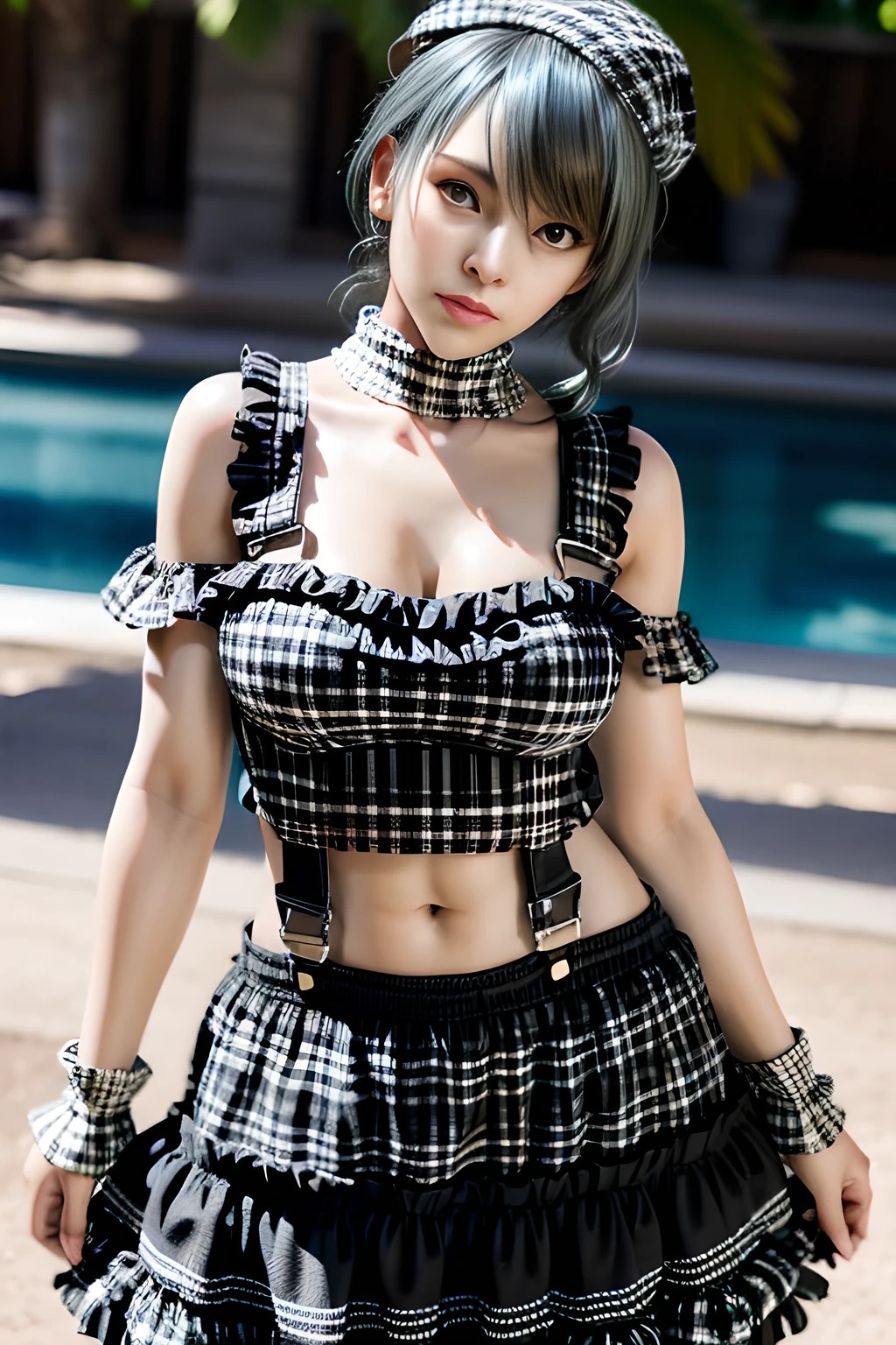 1girl, BREAK (black and white theme:1.4),  (sleeveless black and white [plaid pattern] sundress:1.4), (bare shoulders:1.3), (suspenders with frills:1.2), (tiered skirt with ruffles:1.3), (knit arm warmers:1.3),  , appealing cleavage,( beautiful tattoo:1.2), overhead view, beautiful detailed eyes, beautiful detailed lips, extremely detailed eyes and face, long eyelashes, feminine charm, detailed texture, snug fit, fashionable, soft fabric, radiant skin, (best quality,4k,8k,highres,masterpiece:1.2), ultra-detailed, (realistic,photorealistic,photo-realistic:1.37), tamaki