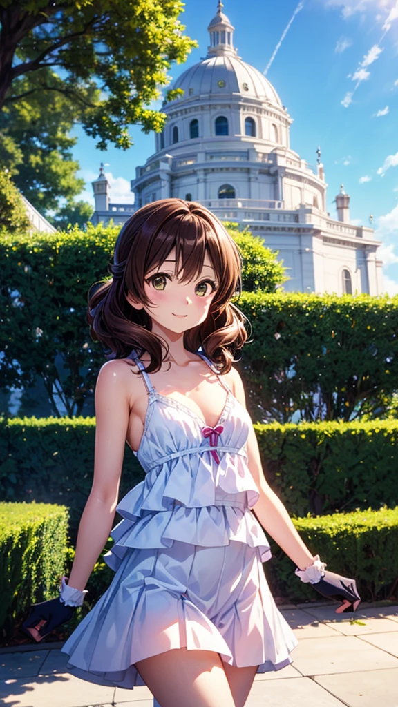 High resolution, highest quality, super high quality,3D Images、Kumiko、3D Images、beautiful flower々満開のgarden、Brown Hair、Wavy Hair、Very detailedな CG Unity 8k 壁紙, [3D Images:1.15],Attractive eyes、[[Detailed eyes、Colorful eyes、Shining Eyes:1.15]], , Very detailed,Thin fingers、Front view、Cinema Lighting、Yellow before＿Kumiko、、Absolute References、 garden、Wedding Lingerie、Arm-length wedding gloves、She took off her white dresouth closed、Cute Smile、Long skirt、Cowboy Shot