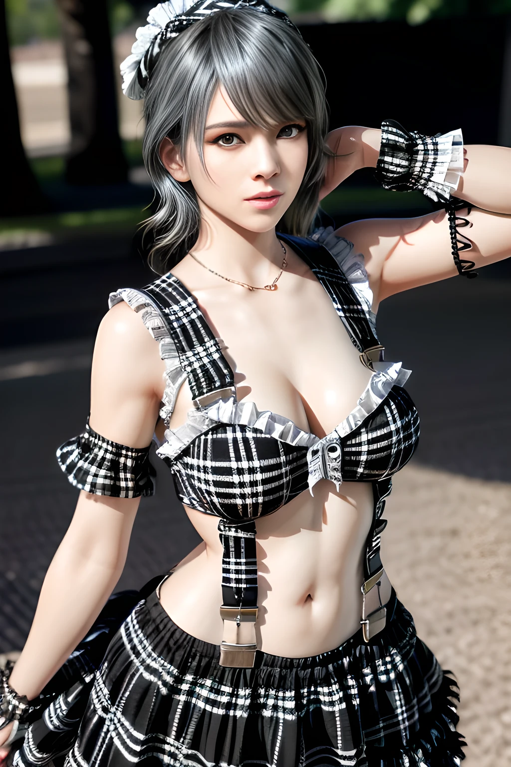 1girl, BREAK (black and white theme:1.4),  (sleeveless black and white [plaid pattern] sundress:1.4), (bare shoulders:1.3), (suspenders with frills:1.2), (tiered skirt with ruffles:1.3), (knit arm warmers:1.3),  , appealing cleavage,( beautiful tattoo:1.2), overhead view, beautiful detailed eyes, beautiful detailed lips, extremely detailed eyes and face, long eyelashes, feminine charm, detailed texture, snug fit, fashionable, soft fabric, radiant skin, (best quality,4k,8k,highres,masterpiece:1.2), ultra-detailed, (realistic,photorealistic,photo-realistic:1.37), tamaki