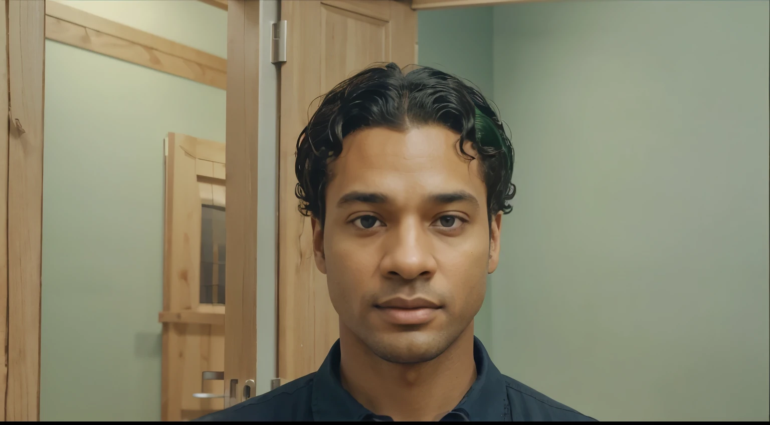 In a cinematic visual illustration, an individual stands by an open door, showing the hall & other doors. The individual is a black man with woolly curly-hair appearing to be in his Late-40s plus, clad in a navy blue collared shirt, is set against a backdrop of muted green walls and a wooden door frame, suggesting a tranquil indoor setting. The face adds a layer of intrigue.