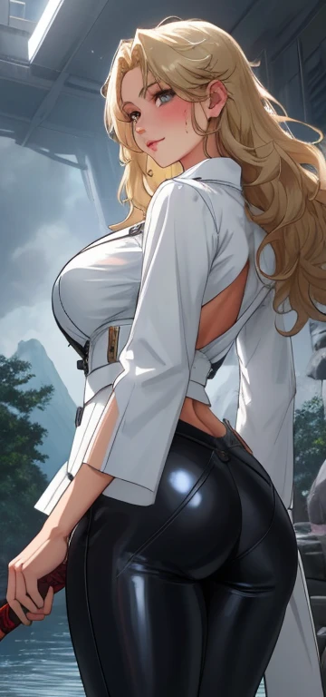 (best quality:1.5, highres, UHD, 4K, detailed lighting, shaders), gold wavy hair, gradient hair, large breasts, white shirt, skirt stretch, mature woman , (pov), white background, colorful eyeshadow, dramatic lighting, sparkling eyes, sensual expression, golden earrings, flowing hair, delicate facial features, soft skin, high cheekbones, urban setting, white background, sitting squatting with legs wide open), view from behind.