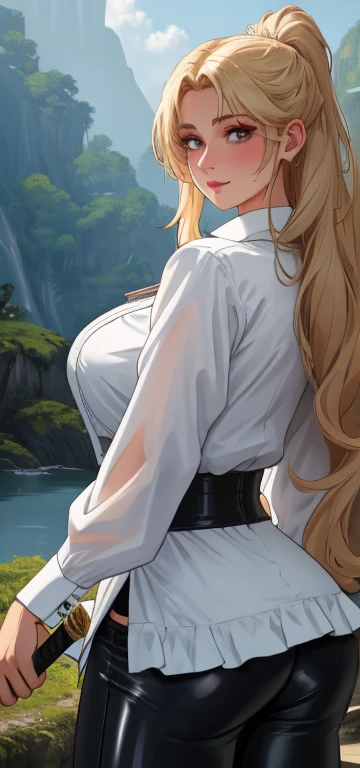 1female,35yo,huge-breasted,long leges,Pornographic exposure, solo,(Background with:hilltop,the rainforest,in summer,Standing water on the ground,exteriors) Stride,Sweat profusely,drenched all over the body,seen from the front,Long blonde hair , mostly cloudy sky,(((tmasterpiece),(Very detailed CG unity 8K wallpaper),best qualtiy,cinmatic lighting,detailed back ground,beatiful detailed eyes,Bright pupils,(Very fine and beautiful),(Beautiful and detailed eye description),ultra - detailed,tmasterpiece,)),face to the viewer,frontage,A high resolution,ultra - detailed)nakeness,Wipe off panties,revealing breasts,Bare genitalia, Bulge,Camel toes,Raised sexy,Lewd expression,Flushed complexion,Open-mouthed,ssmile,cyber punk style,Long white hair, Long straight hair, Medium hair, Leather pants, tight black leather pants, Sewing leather pants, Ruffled white shirt, White baggy ruffle shirt with deep neck, warrior, Holding a sword,