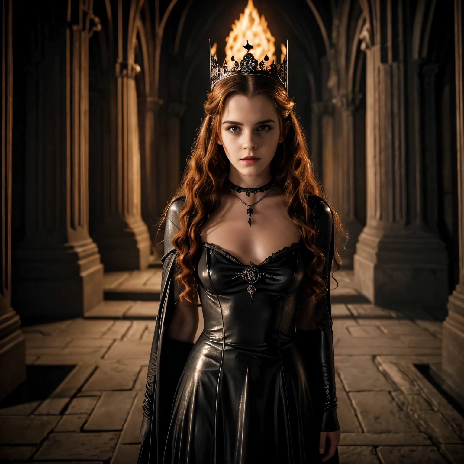 1 person, beautiful young  Emma Watson as a beautiful teenage witch, bright red very long curly hair, sparkling eyes, beautiful sensual look, looks at the viewer, full lips, red lipstick, black eyelashes, full makeup, slim, skinny legs, small breasts (small breasts: 1.2), black leather long dress of the dark witch, black crown on her head ( crown in the style of Sauron's crown from the movie "Lord Of the Ring": 1.2), (( background: interior of an old scary pagan temple , sculptures of monsters: zombies, ghouls: 1.2 )), red lighting, lamps.