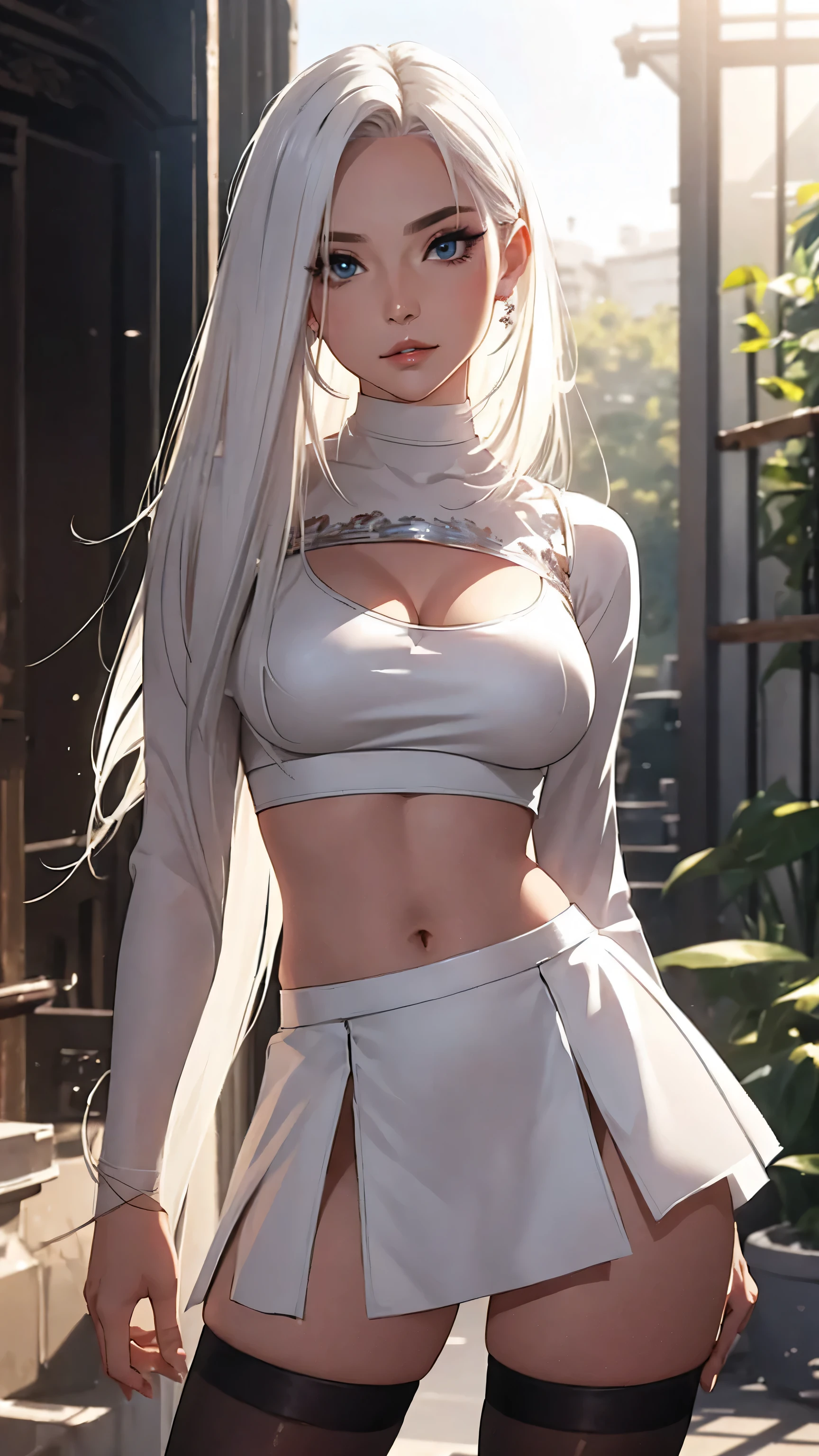 Highest Quality, ​masterpiece, beautifully detailed eyes,, mid length white Hair, Gradient Hair, metallic highlights in hair, medium breasts, standing, makeup, glossy lips, full lips, (natural lighting),midriff, collarbone, thigh highs, miniskirt, cleavage