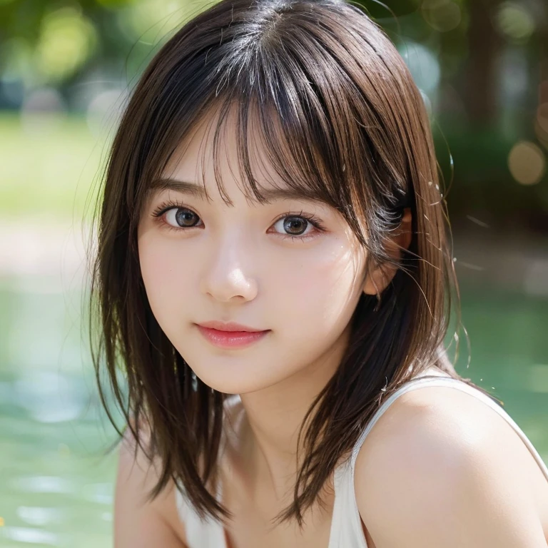 (8k, RAW Photos, highest quality, masterpiece:1.2), Super detailed, Ultra-high resolution, (Realistic, photo Realistic:1.37), High-definition RAW color photos, Professional photos, Very delicate and beautiful, Very detailed, 8k wallpaper, wonderful, In detail, Large file size, Very detailed beautiful girl, Very detailed face, Very detailed eyes, Very detailed skin, Very detailed fingers, Very detailed nose, Very detailed mouth, Perfect Anatomy, Very detailedな背景, Very detailed clothing, One girl, (18-year-old:1.2), , cute girl, Famous Japanese Idols, cute, (Small breasts:1.2), Realistic body, , Fair skin, Shiny skin, Slender body, Good figure, Black Hair, (Blunt bangs:1.2),,Short Hair, Front of face, Scattered beneath the surface,(blush:0.5), smile, cute, young, cute face, Baby Face, Realistic face, Beautiful and detailed eyes, Droopy eyes, Beautiful big eyes, View your viewers, Upper Body, Close-up shot of face,