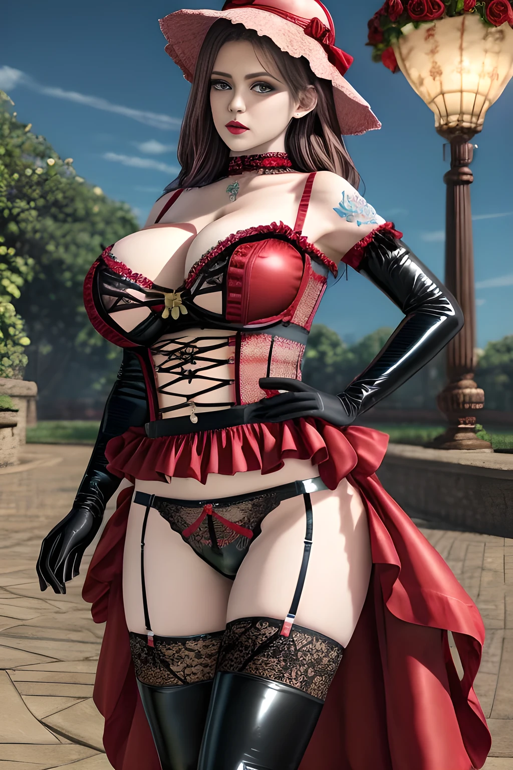 1 girl,BREAK (Royal:1.4), (red and black theme:1.5), ((red) bucket hat with rose corsage:1.4), (fusion of black high neck crop top and latex (red bustier):1.4), ((floral lace, see-through):1.3), ((sleeveless, bare shoulders):1.3), (red tiered skirt with black ruffles:1.4), ((ultra long gloves) with floral lace:1.3), (wrap a (cat garter) around thighs:1.4), outdoor,elegant,nighttime,moonlighe,shiny skin,( huge breasts), lip gloss,tattoos, masterpiece, best quality, realistic ,Surrealism,natural colors art in 8k,soft shadows,High-definition RAW color photos professional portrait photos,solo, elise,