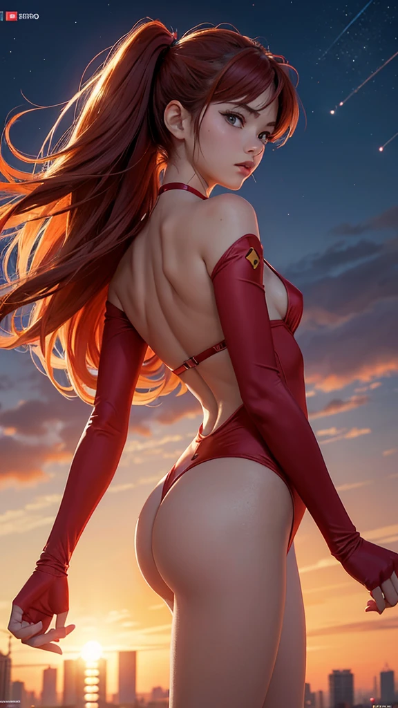 Asuka Langley sexy, neon genesis evangelion, semidesnuda, traje con logo de NERV iconico rojo sexy,very sexy small red clothes, joven, cuerpo muy delgado, super skynny body, small and beautiful buttocks, abdomen tonificado, puedo ver sus senos hermosos y perfectos,, poernas hermosas, manos perfectas,guantes rojos, en el fondo se ve la torre tokyo,pose sexy, malevolent, obscena, poderosa, super sensual, angels fighting,Dramatic background, In the background you can see the city of Japan with sparkles that illuminate its beauty, apocalyptic atmosphere, mirada sensual, ojos hermosos, tiene sus clasicas pinzas en el cabello, classic hairstyle,Hair dyed in bright red color, Best quality,8K,A high resolution,Masterpiece,Ultra detailed,Realistic, Photorealistic,photo realistic