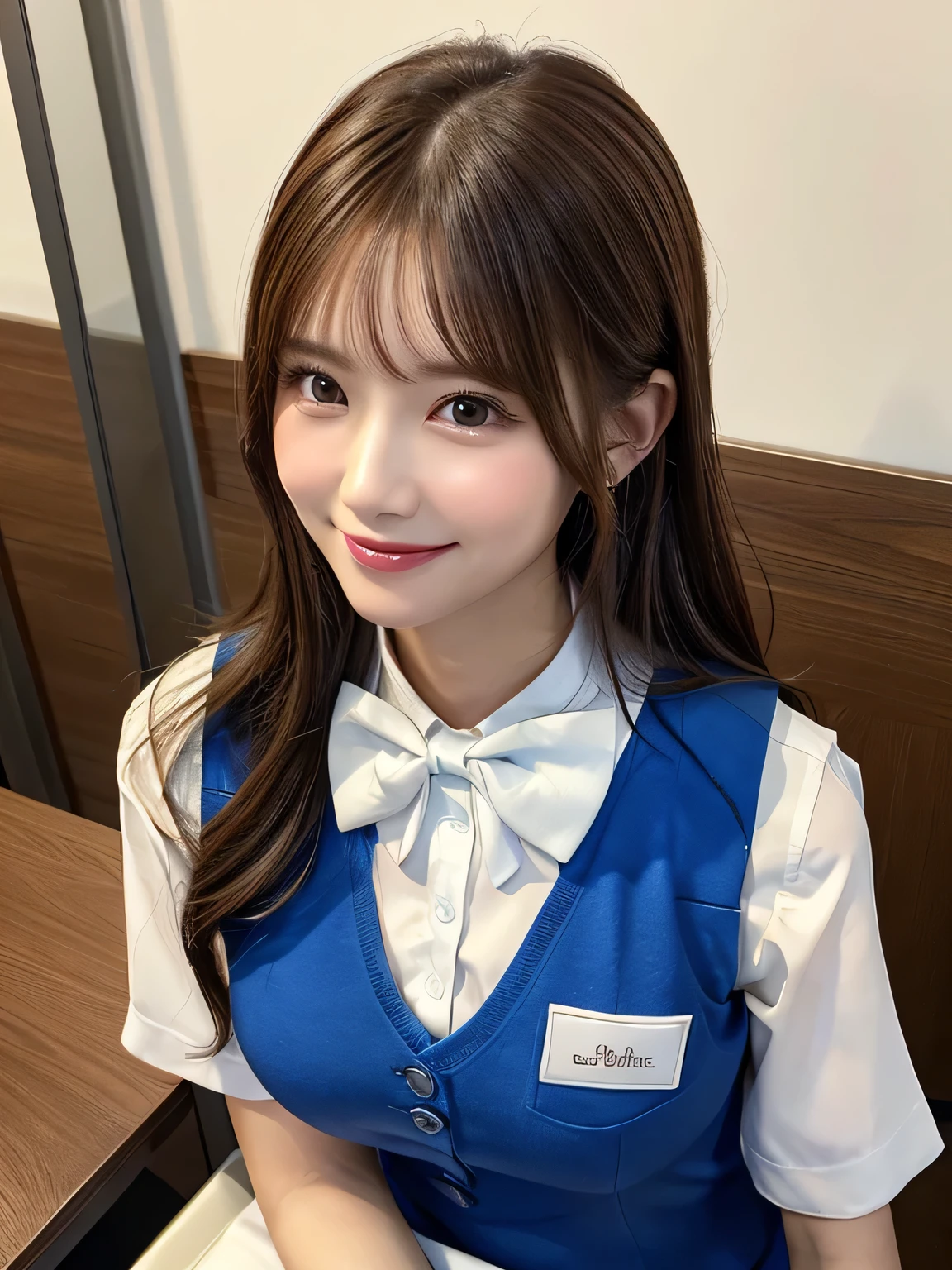 Only one female, Sitting, (look up) (From above), office worker, ((Blue Vest) Over a white dress shirt), Mature Woman, /(Brown Hair/), A kind smile, (teeth:0.8), (Masterpiece of the highest quality:1.2) Delicate illustrations, super detailed, Big Breasts, Bow tie break (Modern Office) indoor, (reception), (Stylish company logo on the wall) , Detailed Background