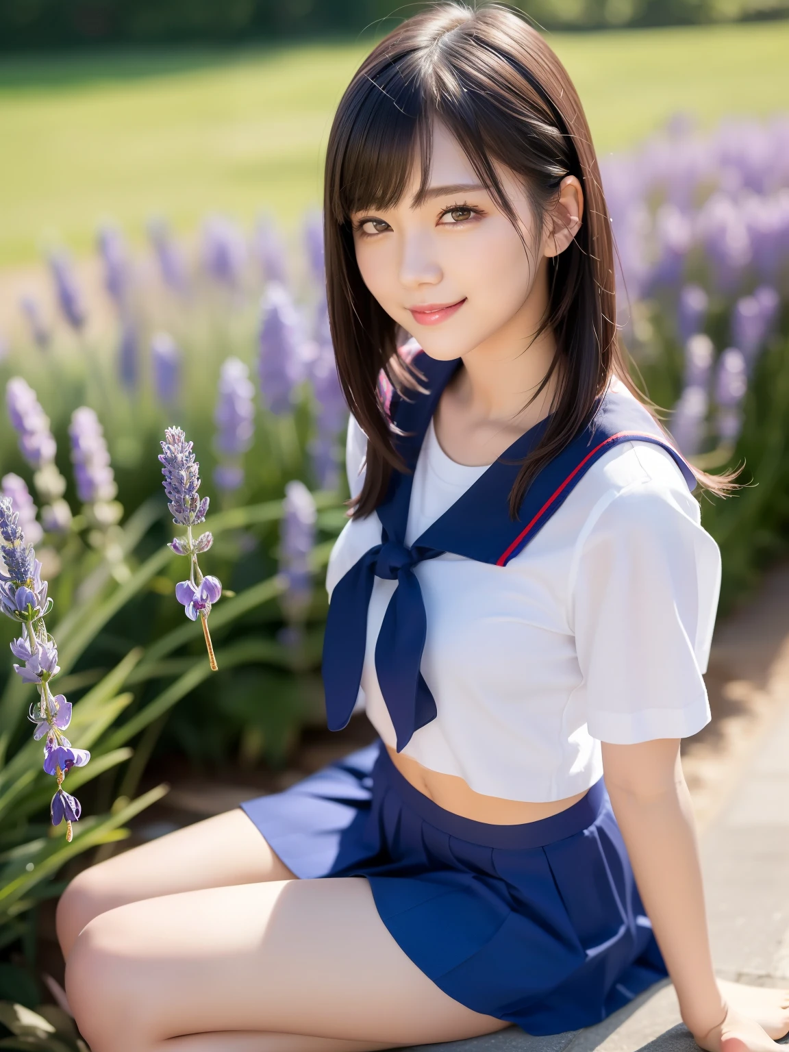 (highest quality:1.5)、(Realistic:1.5)、(1 person:1.5)、Very detailed、High resolution、8k、medium breasts、Natural color lips、Cute Smile、Japanese women、20-year-old girl、Beautiful and elegant face、Perfect and beautiful face、Balanced big eyes、Brunette eyes、Beautiful and elegant face、Natural double eyelids、Natural Bangs、Beautiful thin nose、Beautiful Skin、(Medium Bob Hair)、Natural Bangs、Perfect and beautiful face、Slim face and figure、Look at the viewers、School Sailor Uniform、White short-sleeved blouse shirt, navy pleated micro miniskirt,、Knee-high socks、Beautiful navel、Open the navel、臍が見えるSchool Sailor Uniformを着ている、High-angle composition、(Staring at the camera with a sweet smile)、Bright lighting、Professional Lighting、Forward lighting、Beautiful feet:1.2、Smooth Skin、Slim Body、Slim waistline、slim thin thighs、sit、Cleavage、Lavender Fields、
