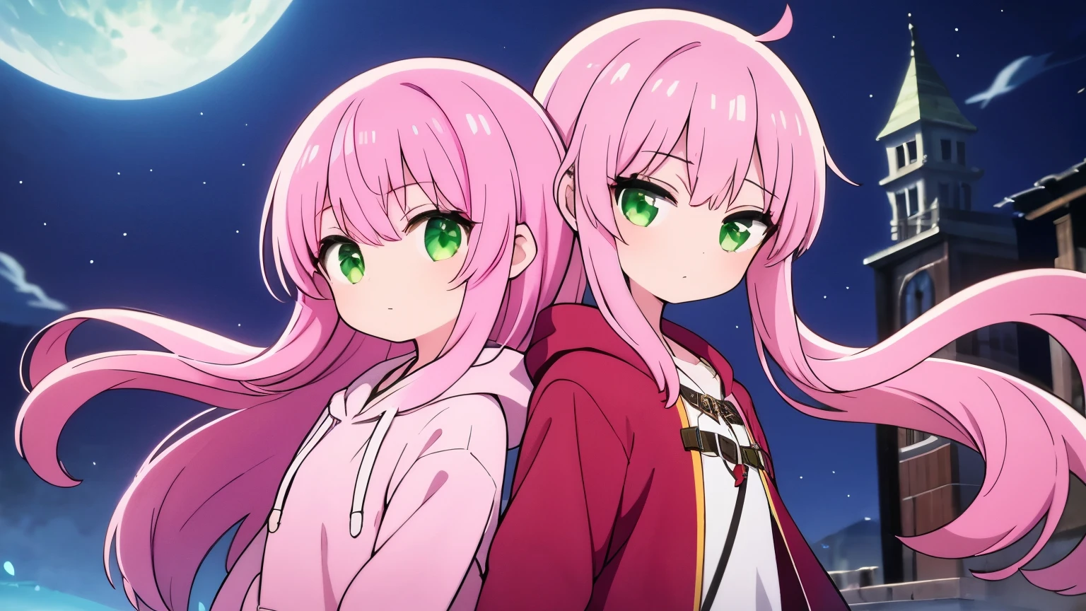 A girl with long pink hair and green eyes wearing a pink hoodie, Swordsman, Holding a sword in his hand, Fantasy,Different world