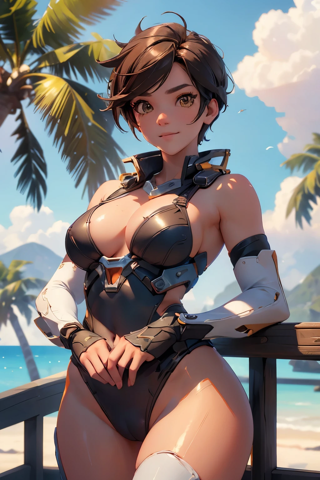 1girl, relaxing on a picturesque beach, tropical paradise, (masterpiece), (best quality), tracerover, 25 years old, brown hair, spiked hair, short hair, sexy swimsuit, orange goggles, ((detailed)), ((best quality)), ((masterpiece)), extremely detailed CG unity 8k wallpaper, 32k, focus sharp, photo of perfecteyes eyes, perfecteyes eyes, Masterpiece, raw, beautiful art, professional artist, 8k, very detailed face, very detailed hair, perfectly drawn body, beautiful face, very detailed eyes, smiling, rosey cheeks, intricate details in eyes, perfect fit body, beautiful body, extremely detailed, intricate details, highly detailed, sharp focus, detailed skin, realistic skin texture, texture, detailed eyes, high resolution, kodak vision color, foto_\(ultra\), post-processing, maximum detail, roughness, real life, ultra realistic, photorealism, photography, absurdres, RAW photo, highest quality, high detail RAW color photo, professional photo, extremely detailed UHD 8k wallpaper unit, best quality, highres, (masterpiece, top quality, high resolution:1.4), photo, cinematic, film grain, sharp, soft natural light, magic photography, super detailed, anatomically correct, perfect anatomy, cameltoe.