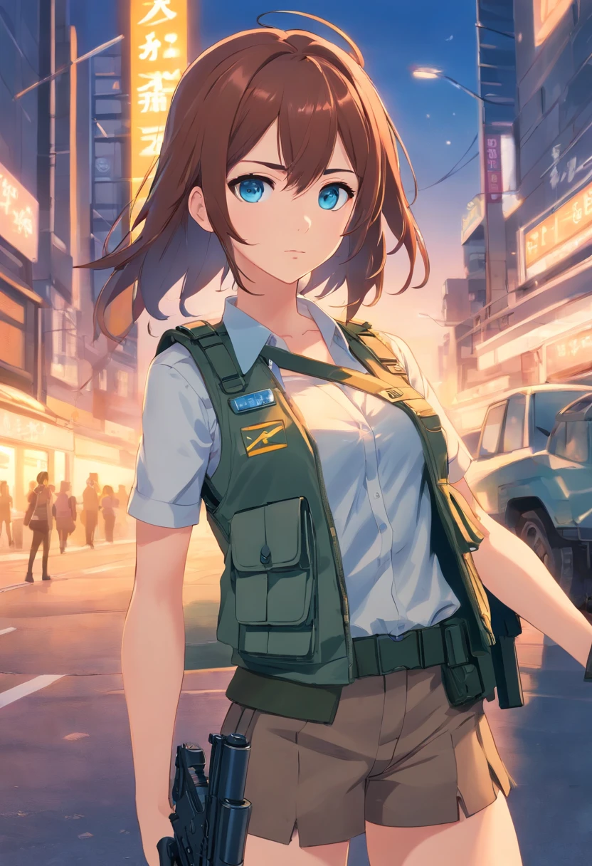 beautiful girl, The girl is wearing a bulletproof vest, (the girl has a bare stomach) the girl has blue eyes, chestnut hair, the girl has big breasts holding an M4A1S machine gun in her hands
